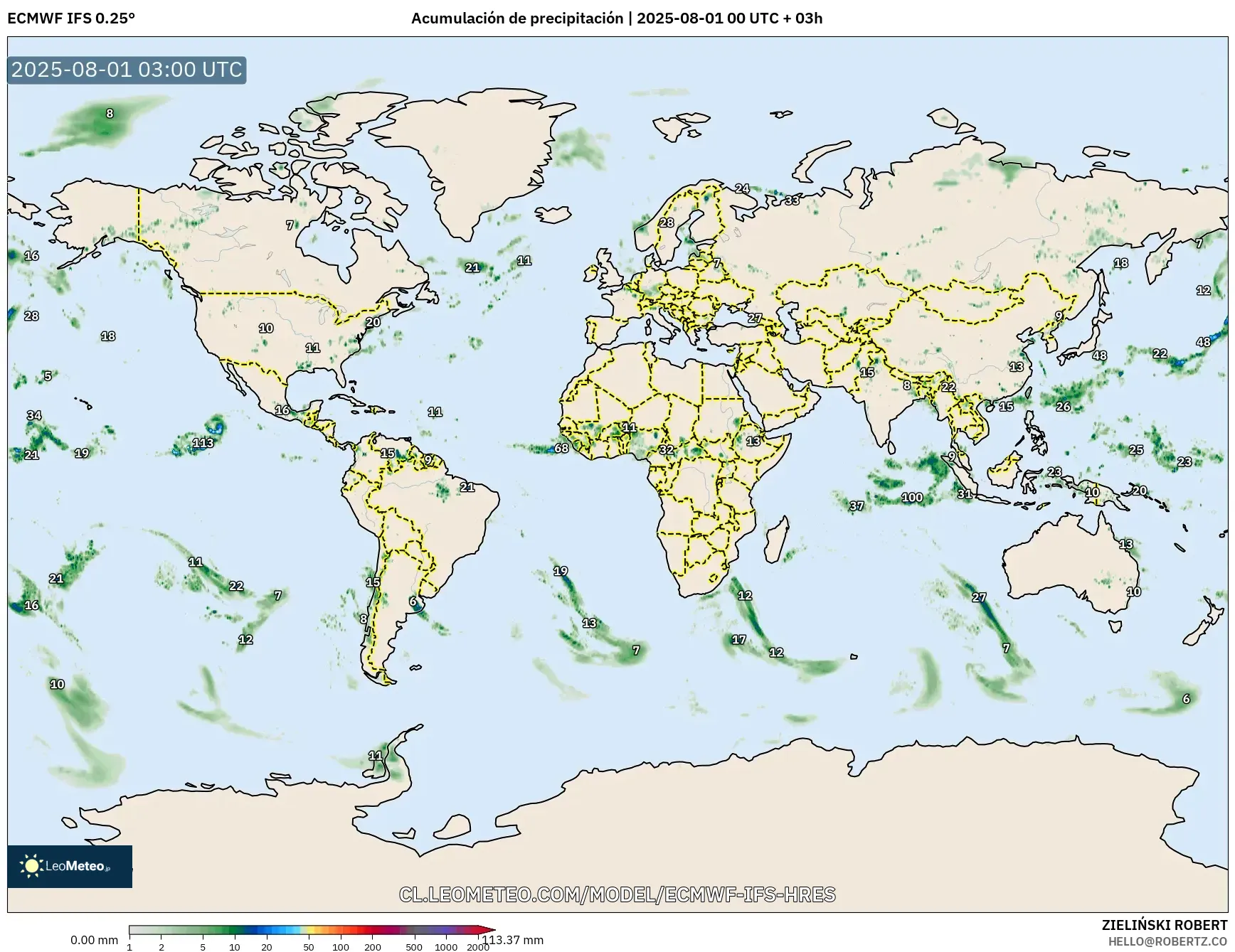 ECMWF IFS 0.25° model - Mundo, Acumulación de precipitación ECMWF IFS 0.25° model - Mundo, Acumulación de precipitación