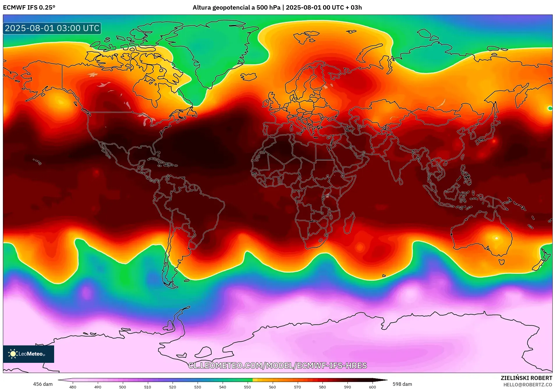 ECMWF IFS 0.25° model - Mundo, Altura geopotencial a 500 hPa ECMWF IFS 0.25° model - Mundo, Altura geopotencial a 500 hPa