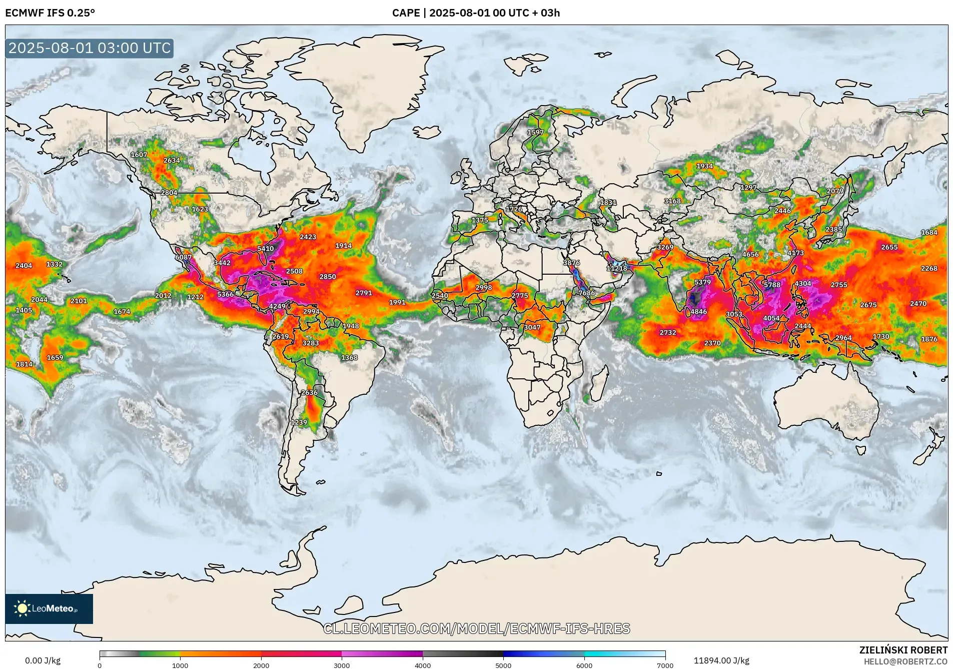 ECMWF IFS 0.25° model - Mundo, CAPE