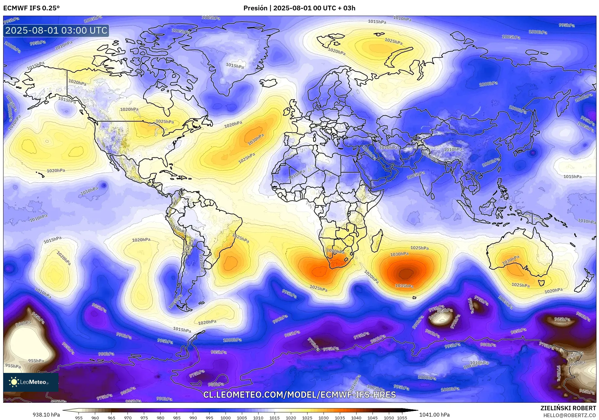ECMWF IFS 0.25° model - Mundo, Presión ECMWF IFS 0.25° model - Mundo, Presión