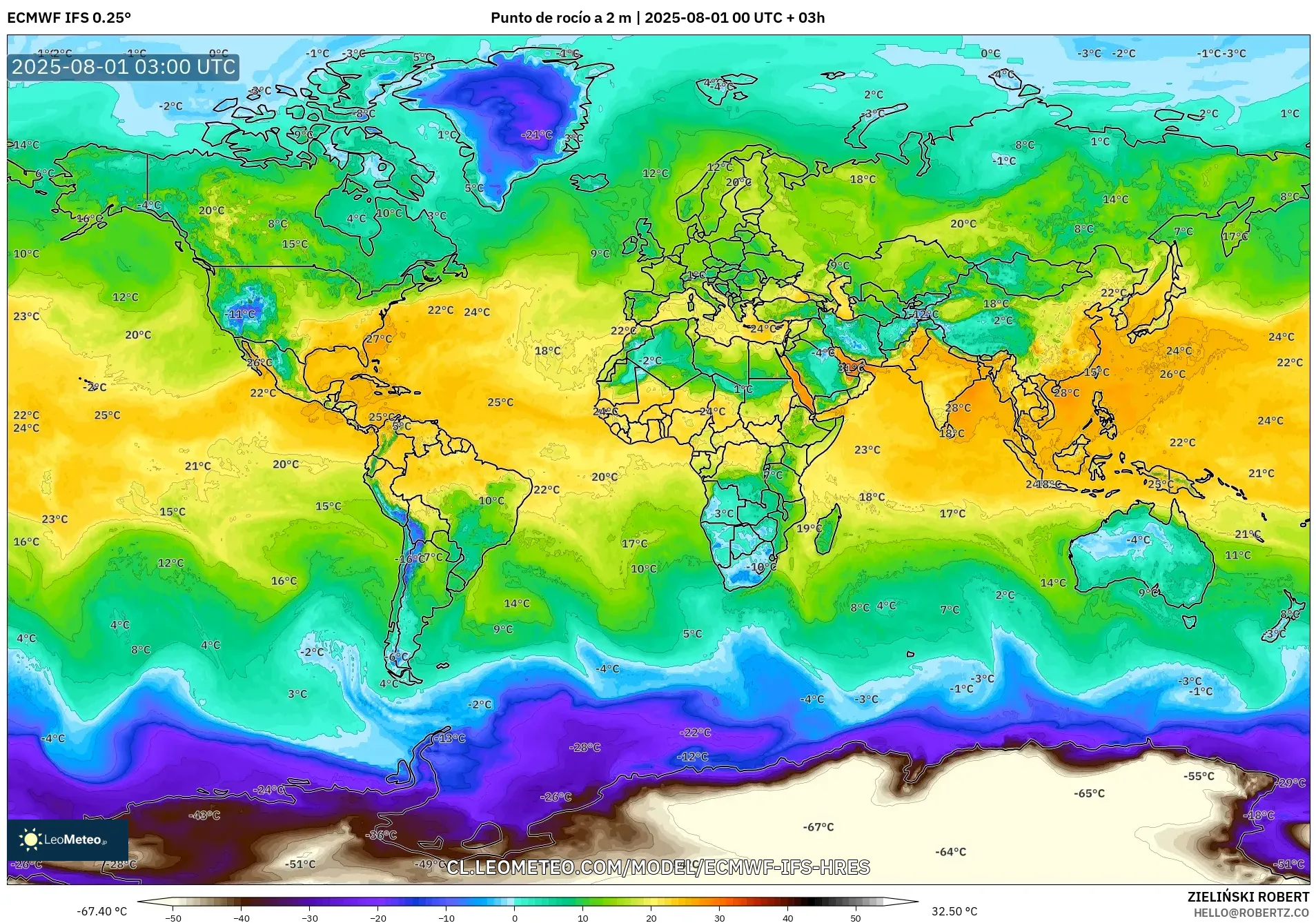 ECMWF IFS 0.25° model - Mundo, Punto de rocío a 2 m ECMWF IFS 0.25° model - Mundo, Punto de rocío a 2 m