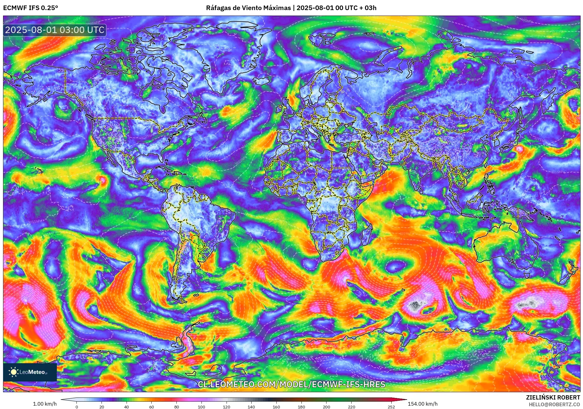 ECMWF IFS 0.25° model - Mundo, Ráfagas de Viento Máximas ECMWF IFS 0.25° model - Mundo, Ráfagas de Viento Máximas