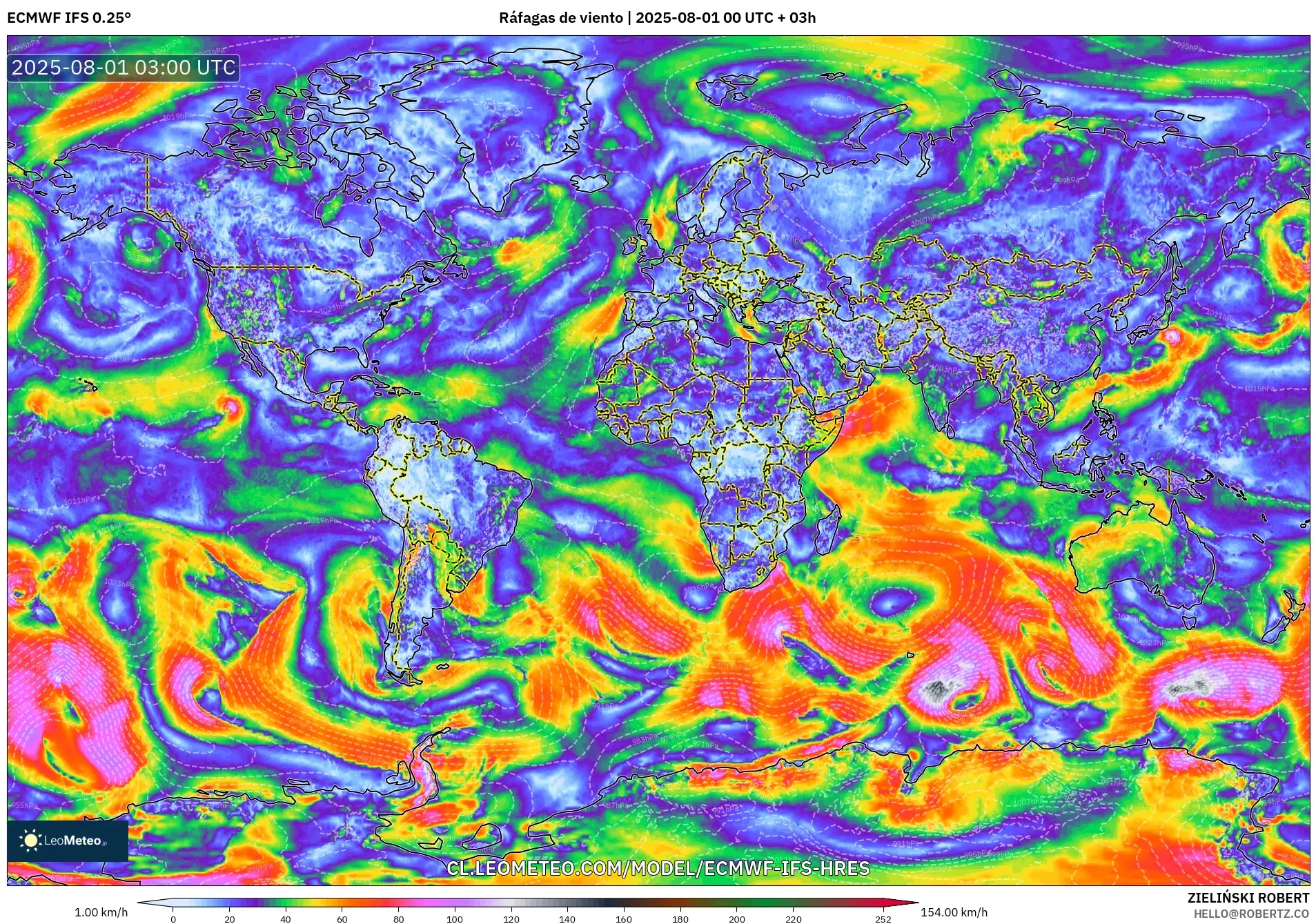 ECMWF IFS 0.25° model - Mundo, Ráfagas de viento ECMWF IFS 0.25° model - Mundo, Ráfagas de viento