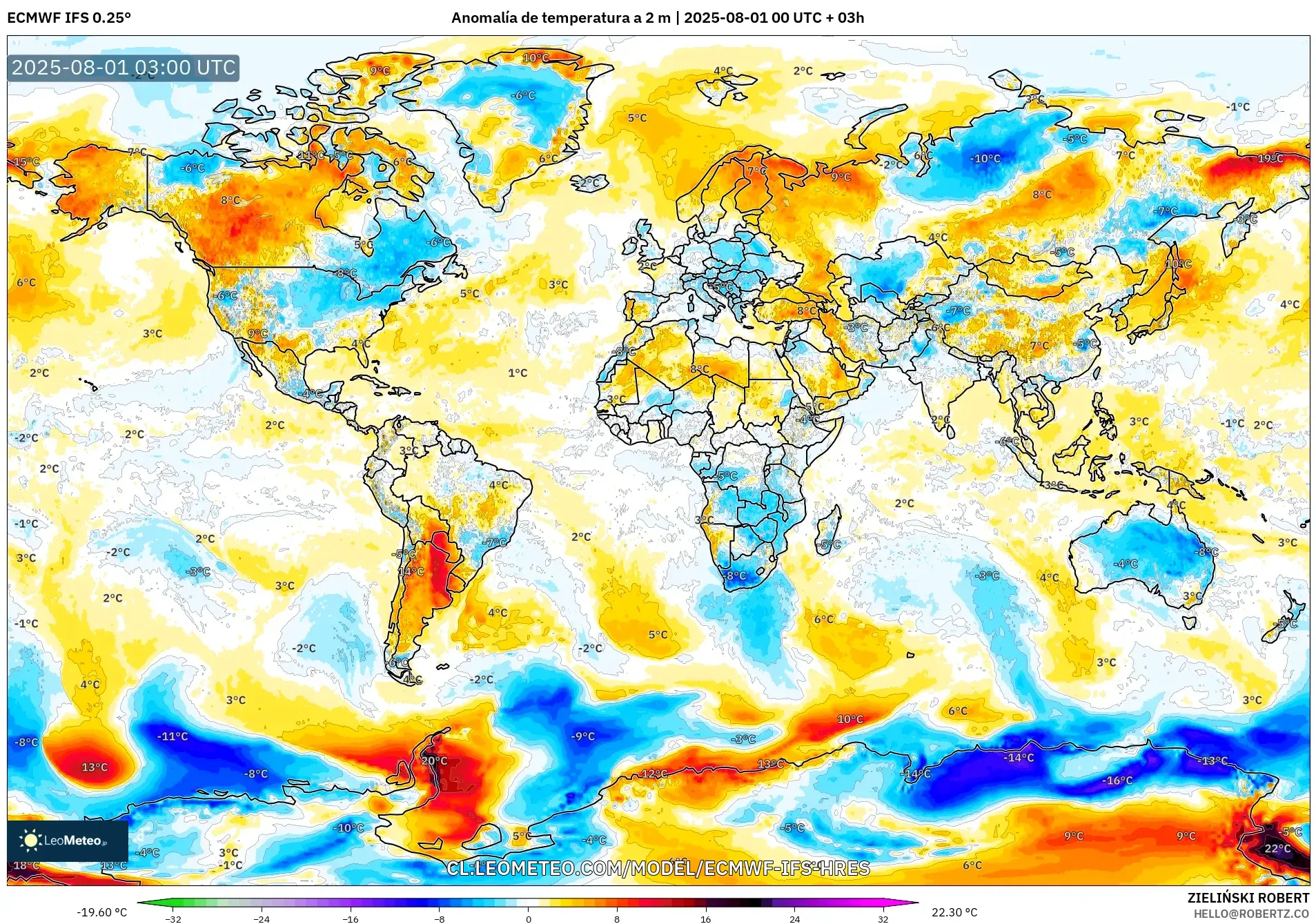 ECMWF IFS 0.25° model - Mundo, Anomalía de temperatura a 2 m ECMWF IFS 0.25° model - Mundo, Anomalía de temperatura a 2 m