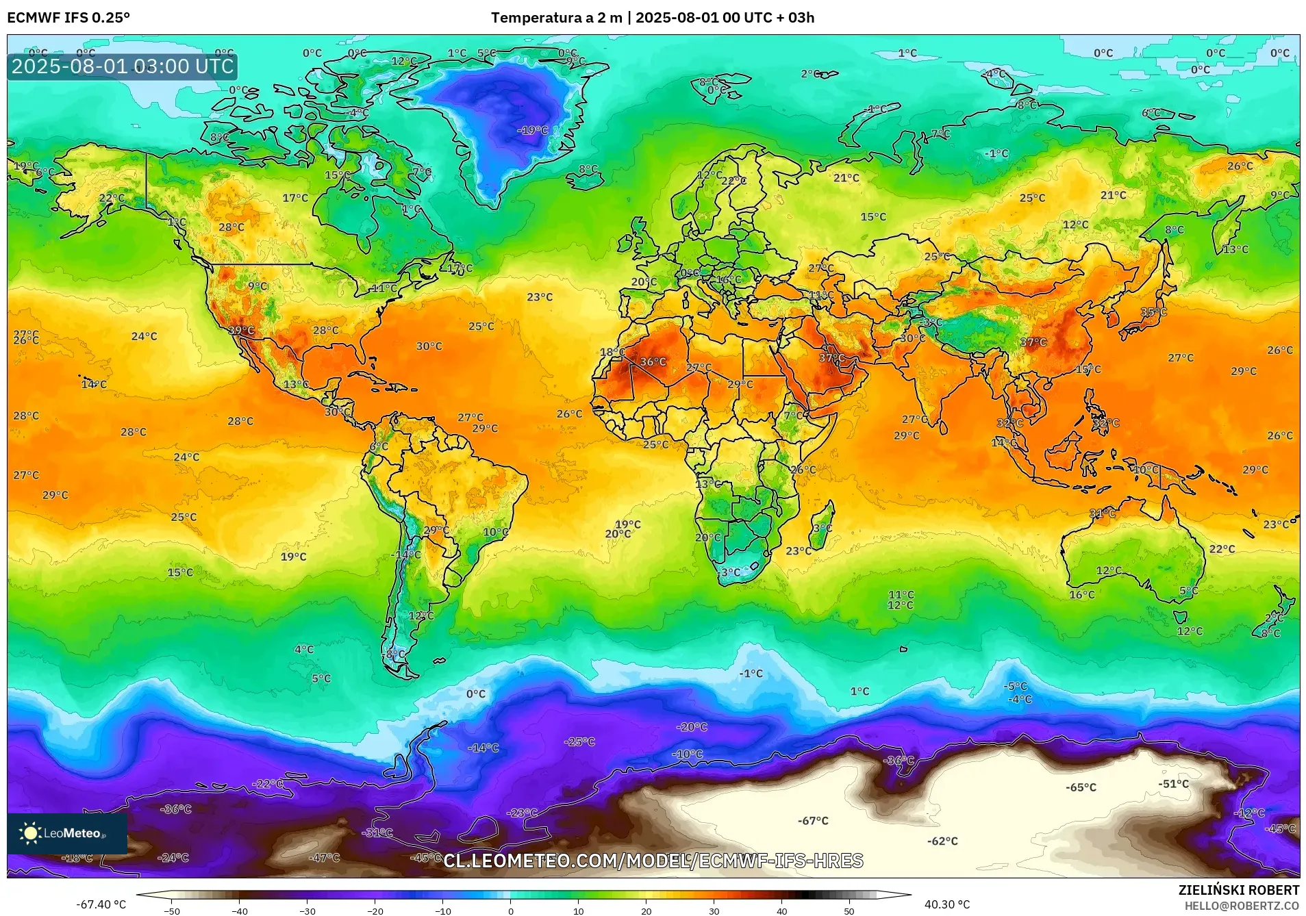 ECMWF IFS 0.25° model - Mundo, Temperatura a 2 m ECMWF IFS 0.25° model - Mundo, Temperatura a 2 m