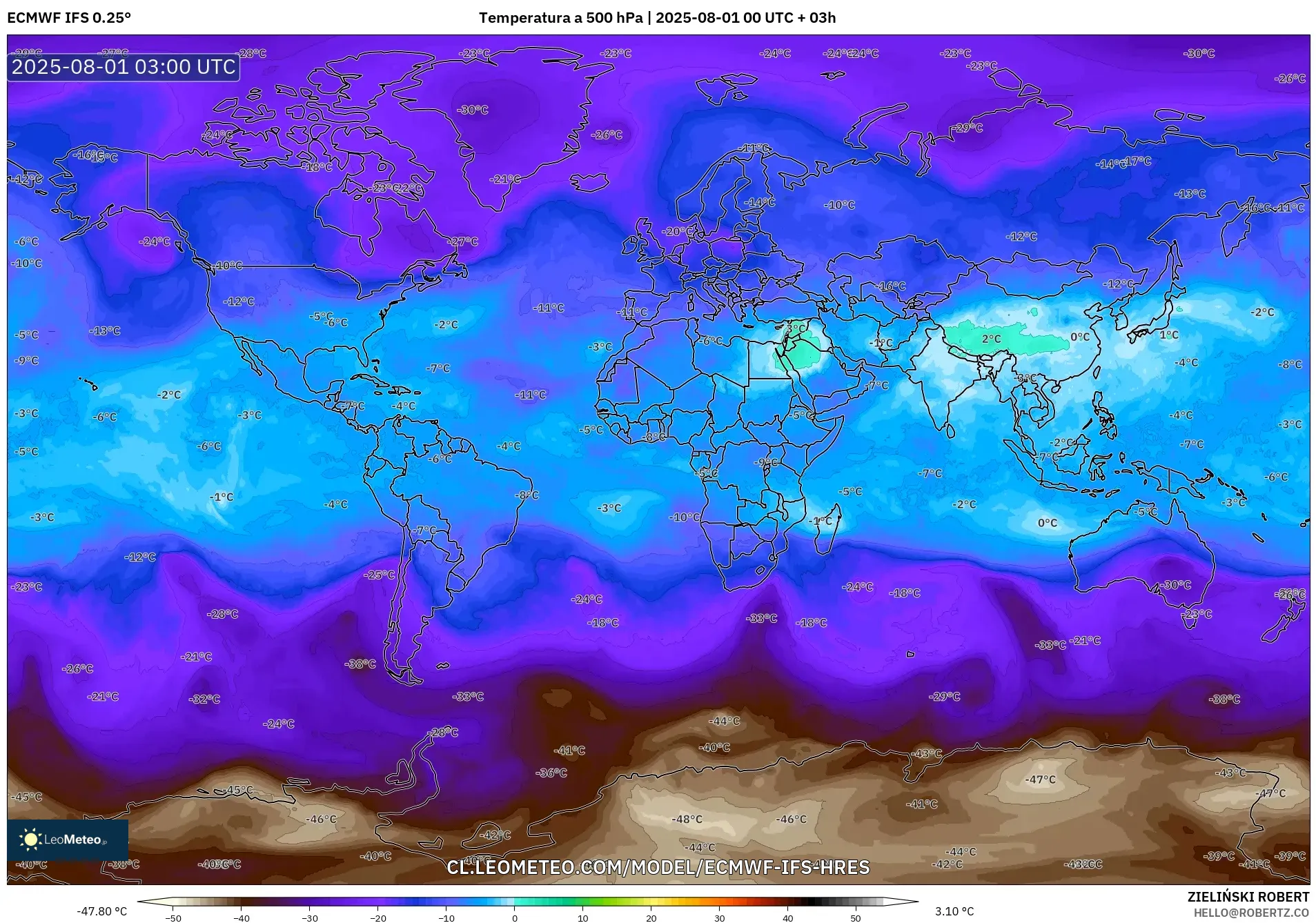 ECMWF IFS 0.25° model - Mundo, Temperatura a 500 hPa ECMWF IFS 0.25° model - Mundo, Temperatura a 500 hPa