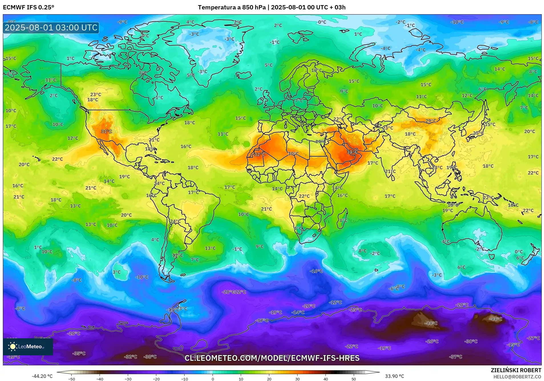 ECMWF IFS 0.25° model - Mundo, Temperatura a 850 hPa