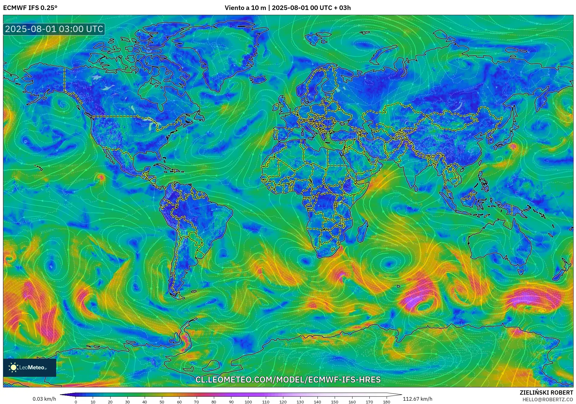 ECMWF IFS 0.25° model - Mundo, Viento a 10 m ECMWF IFS 0.25° model - Mundo, Viento a 10 m