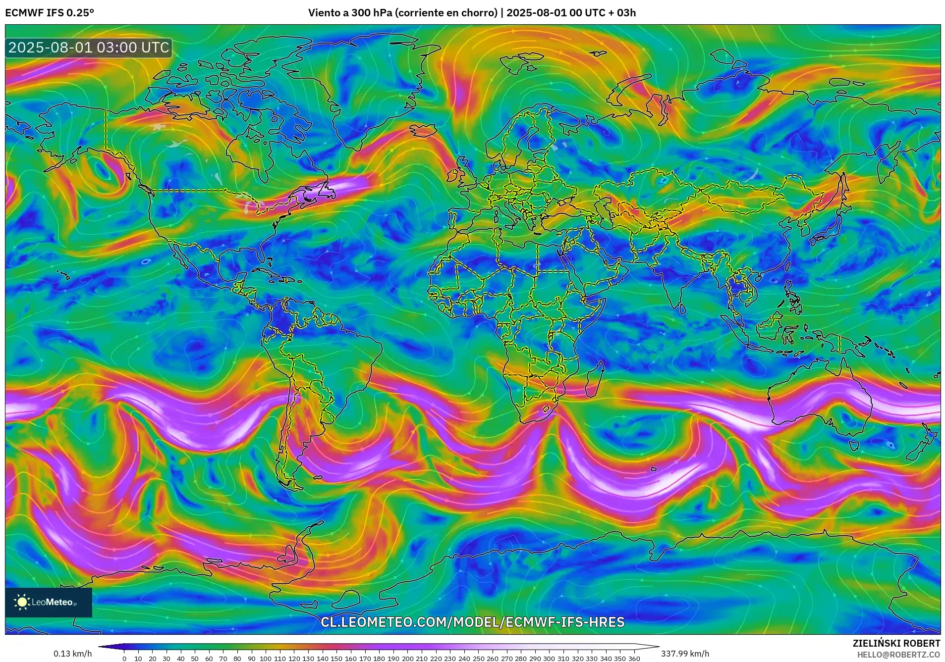 ECMWF IFS 0.25° model - Mundo, Viento a 300 hPa (corriente en chorro) ECMWF IFS 0.25° model - Mundo, Viento a 300 hPa (corriente en chorro)
