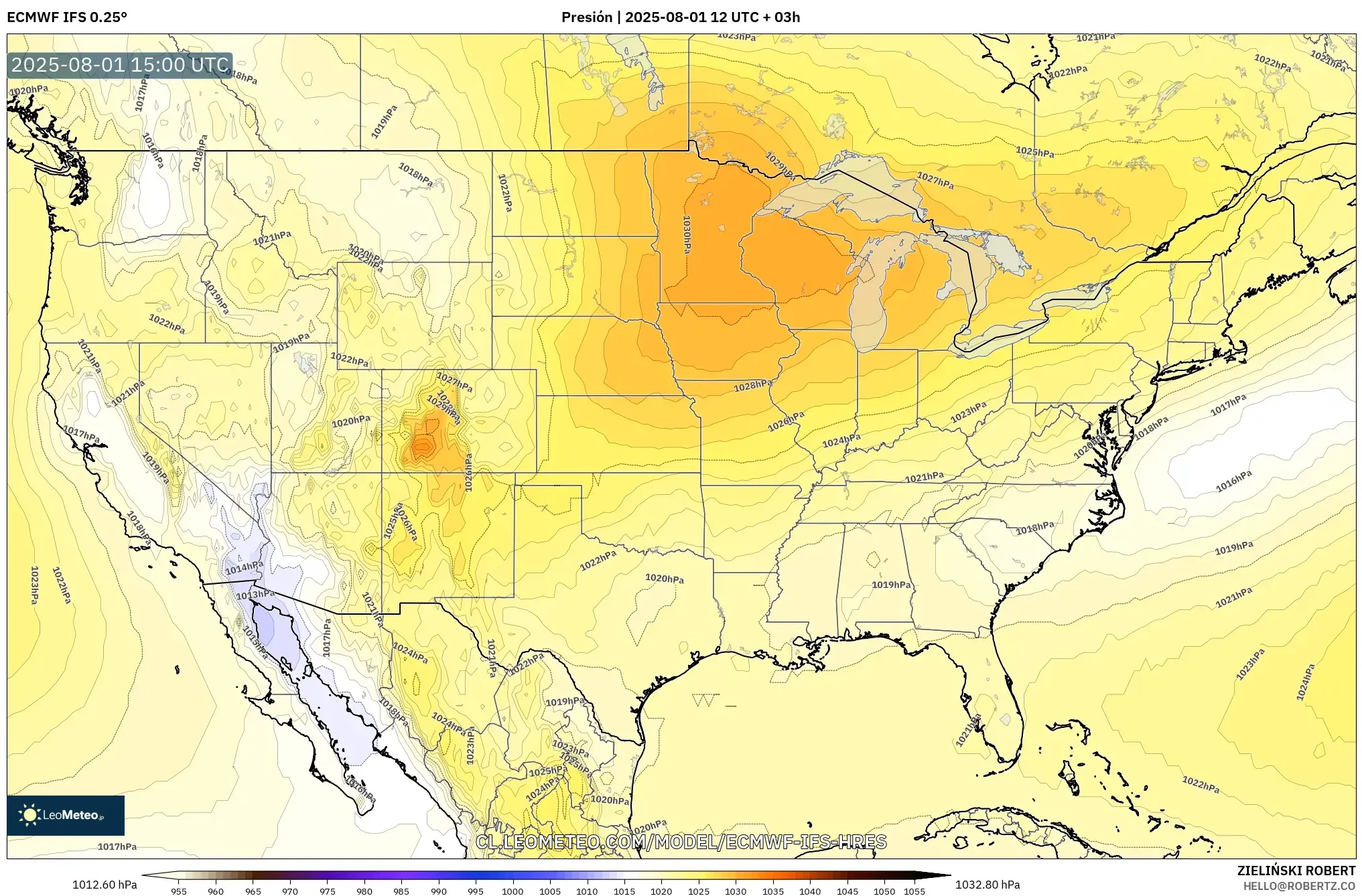 ECMWF IFS 0.25° model - Estados Unidos, Presión