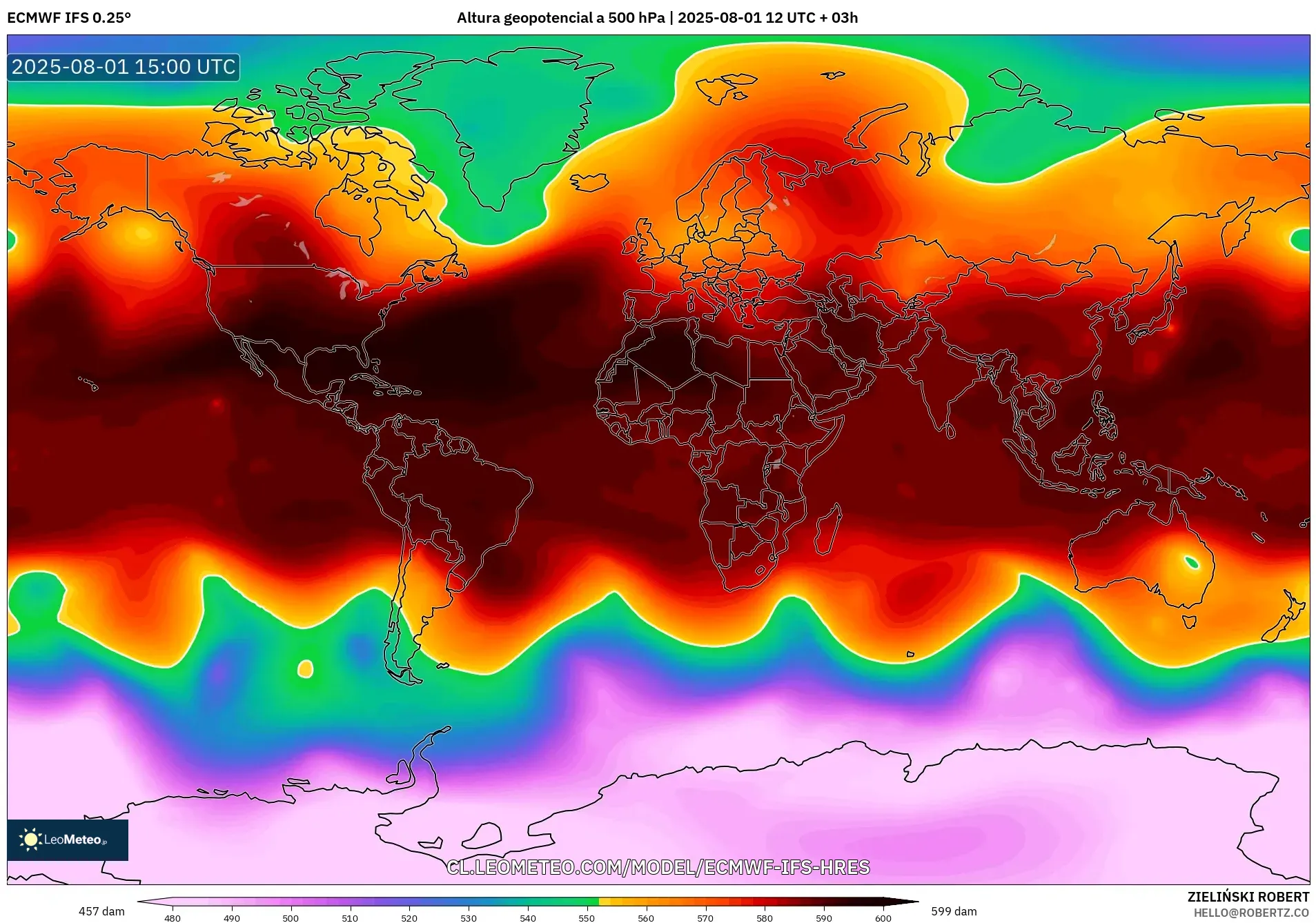 ECMWF IFS 0.25° model - Mundo, Altura geopotencial a 500 hPa ECMWF IFS 0.25° model - Mundo, Altura geopotencial a 500 hPa