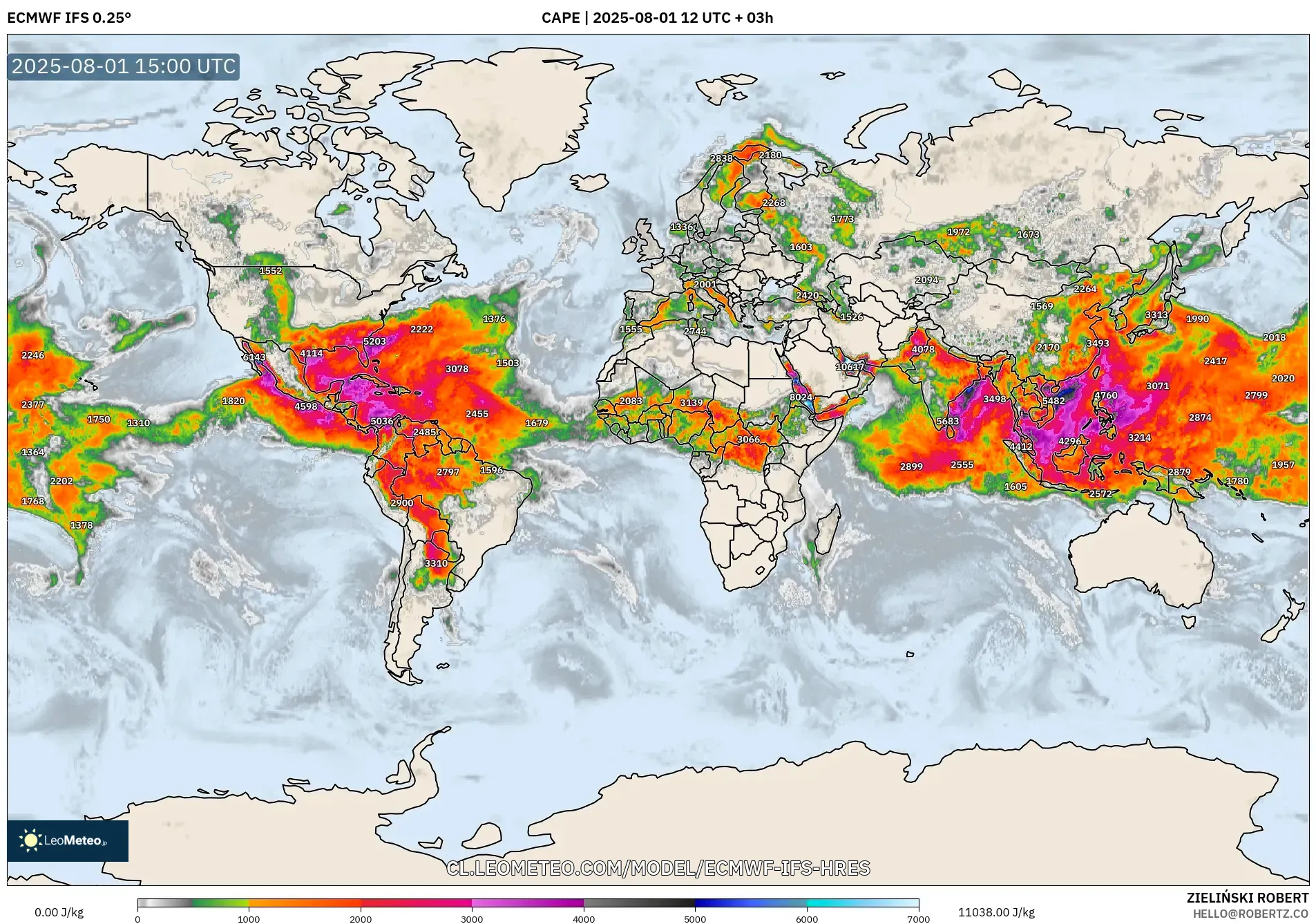 ECMWF IFS 0.25° model - Mundo, CAPE ECMWF IFS 0.25° model - Mundo, CAPE