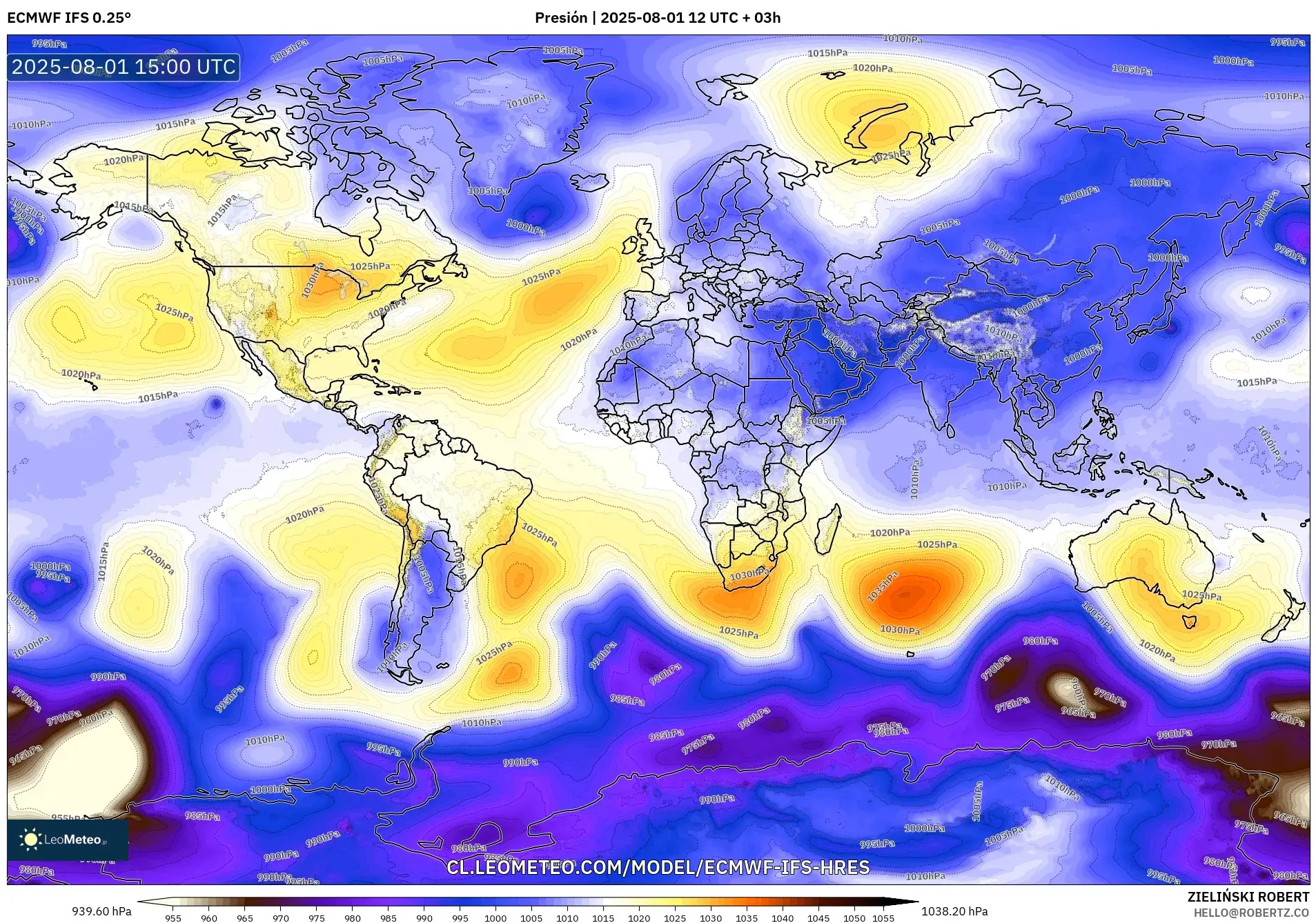 ECMWF IFS 0.25° model - Mundo, Presión ECMWF IFS 0.25° model - Mundo, Presión