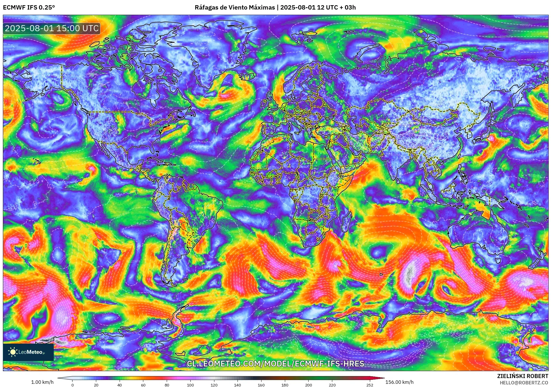 ECMWF IFS 0.25° model - Mundo, Ráfagas de Viento Máximas ECMWF IFS 0.25° model - Mundo, Ráfagas de Viento Máximas