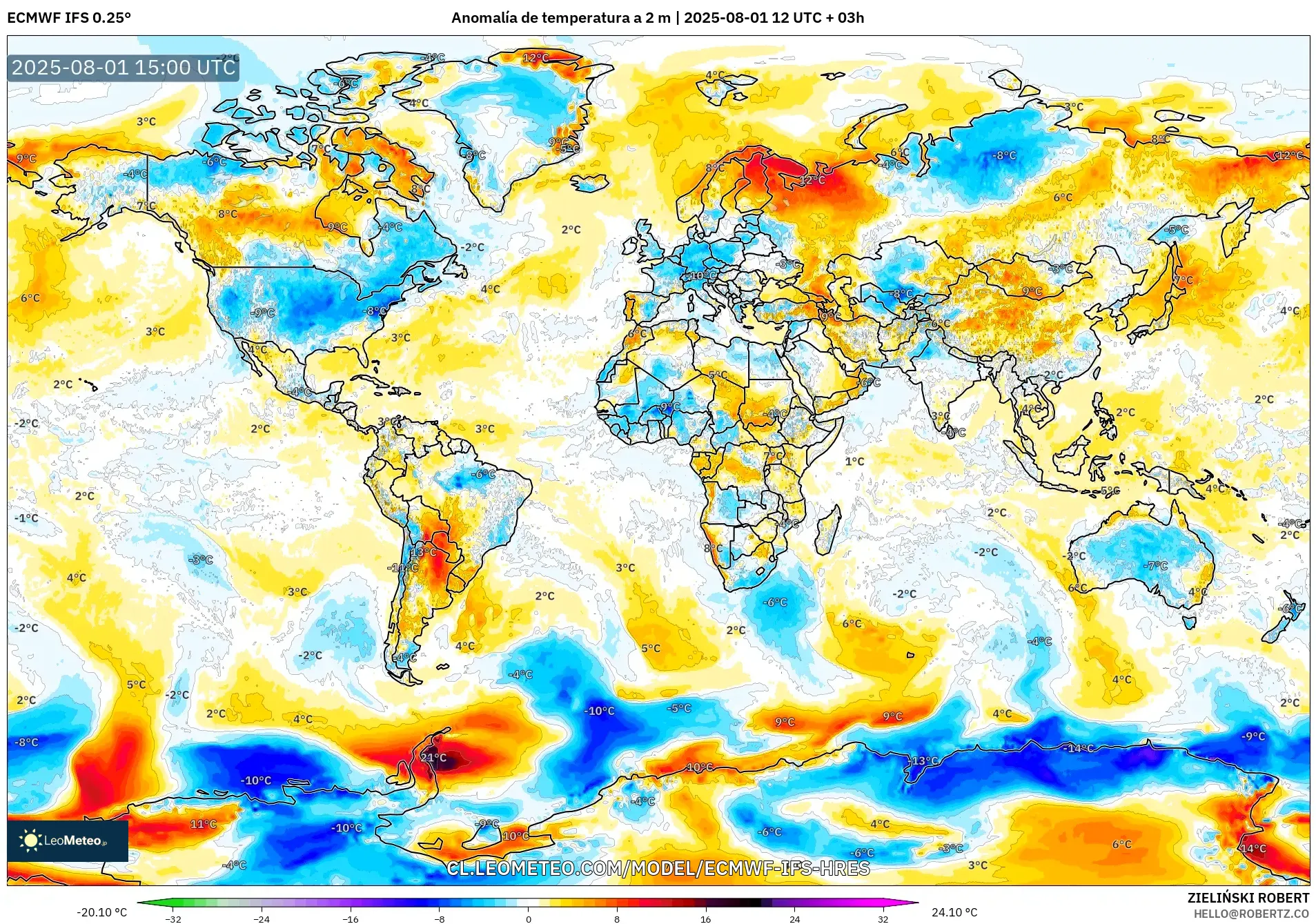 ECMWF IFS 0.25° model - Mundo, Anomalía de temperatura a 2 m ECMWF IFS 0.25° model - Mundo, Anomalía de temperatura a 2 m