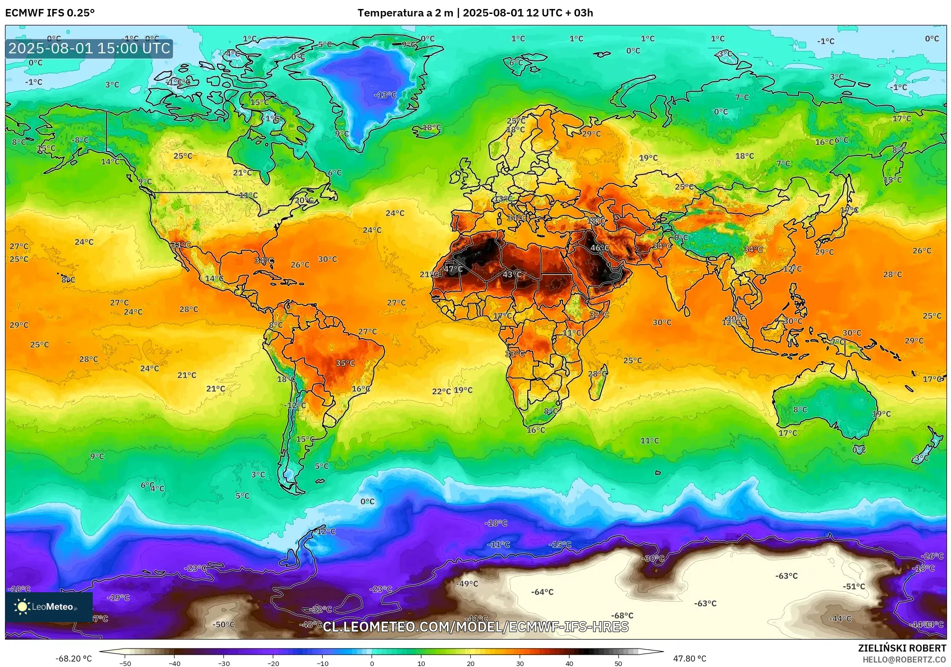 ECMWF IFS 0.25° model - Mundo, Temperatura a 2 m ECMWF IFS 0.25° model - Mundo, Temperatura a 2 m