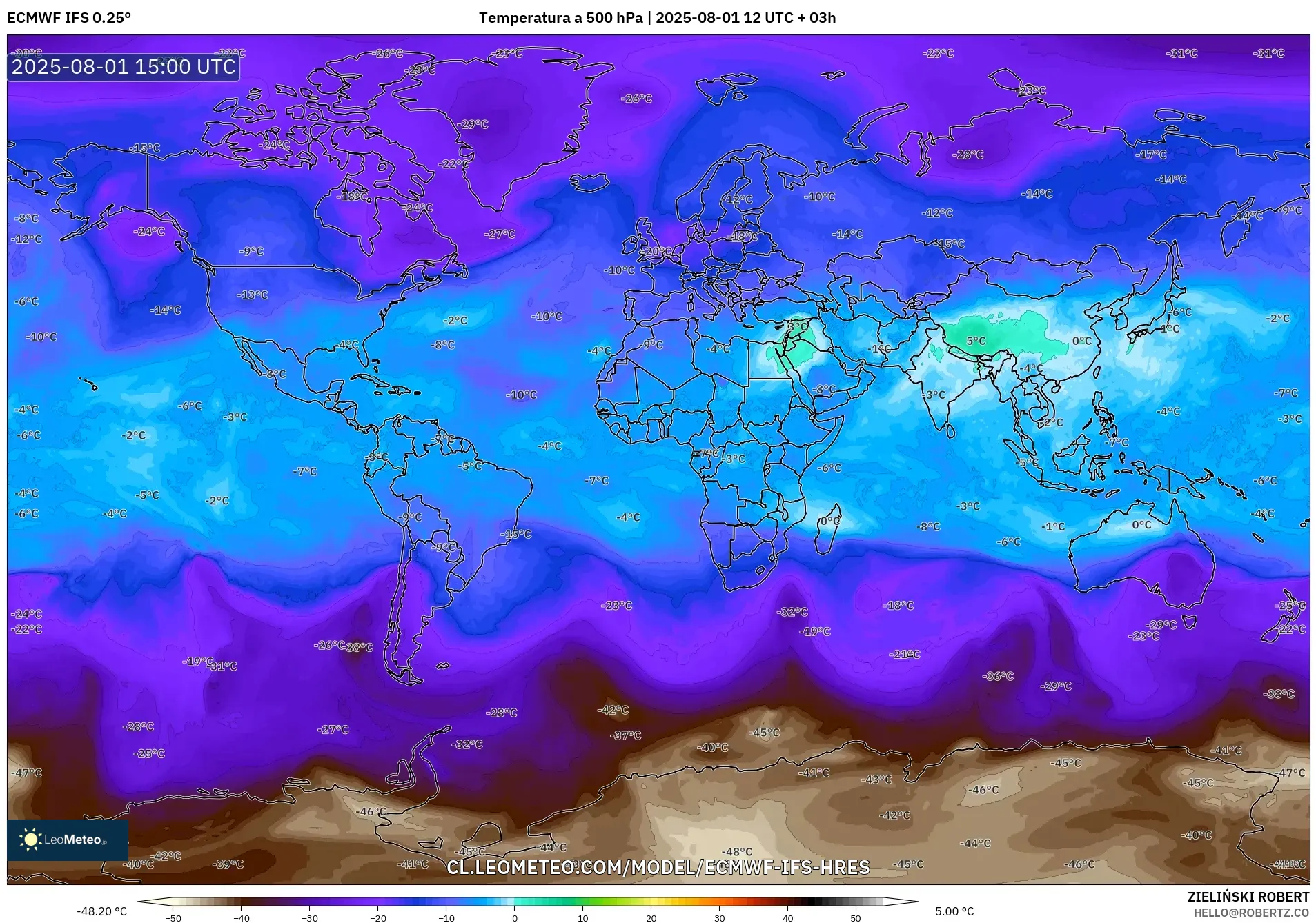 ECMWF IFS 0.25° model - Mundo, Temperatura a 500 hPa ECMWF IFS 0.25° model - Mundo, Temperatura a 500 hPa