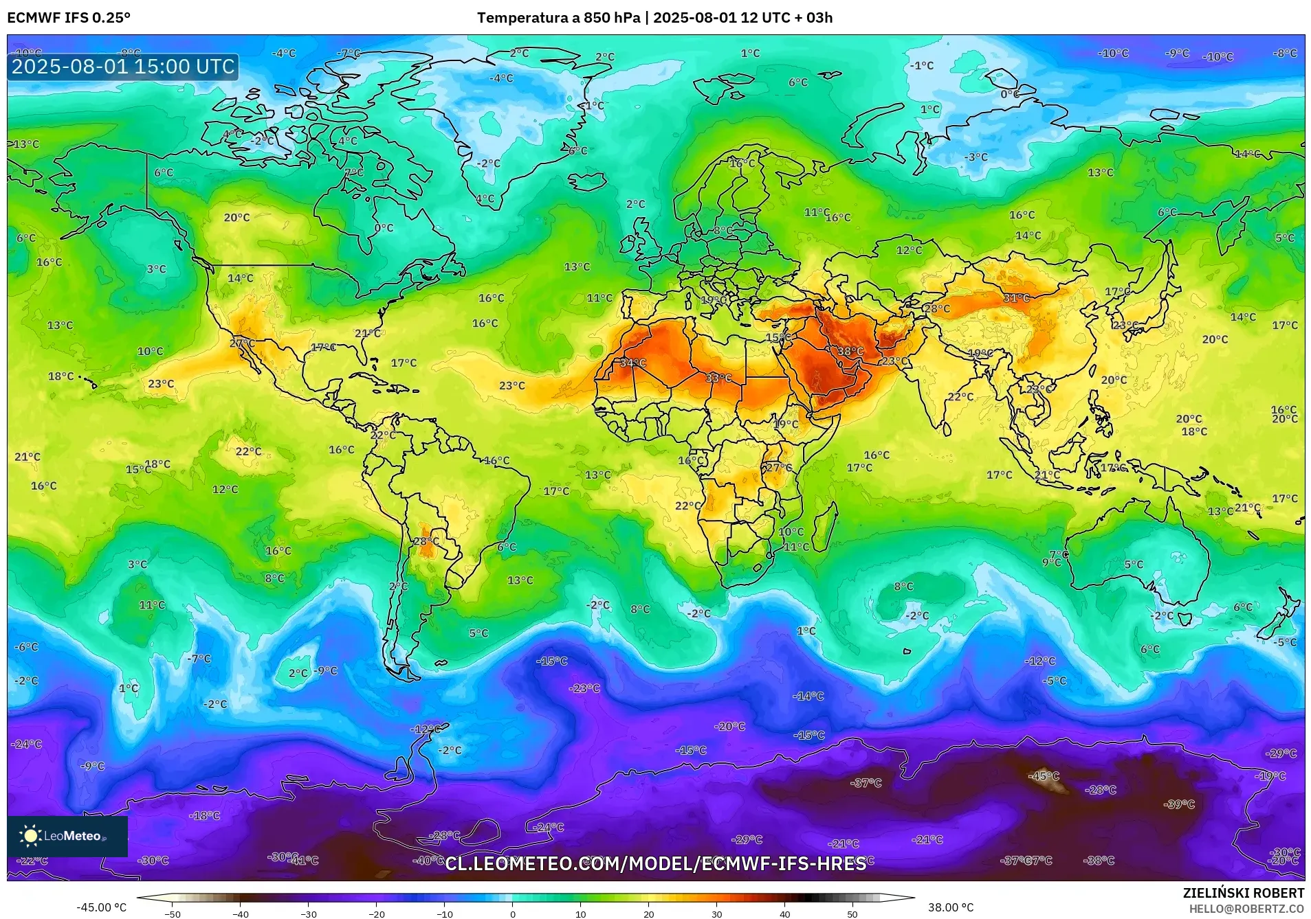 ECMWF IFS 0.25° model - Mundo, Temperatura a 850 hPa ECMWF IFS 0.25° model - Mundo, Temperatura a 850 hPa