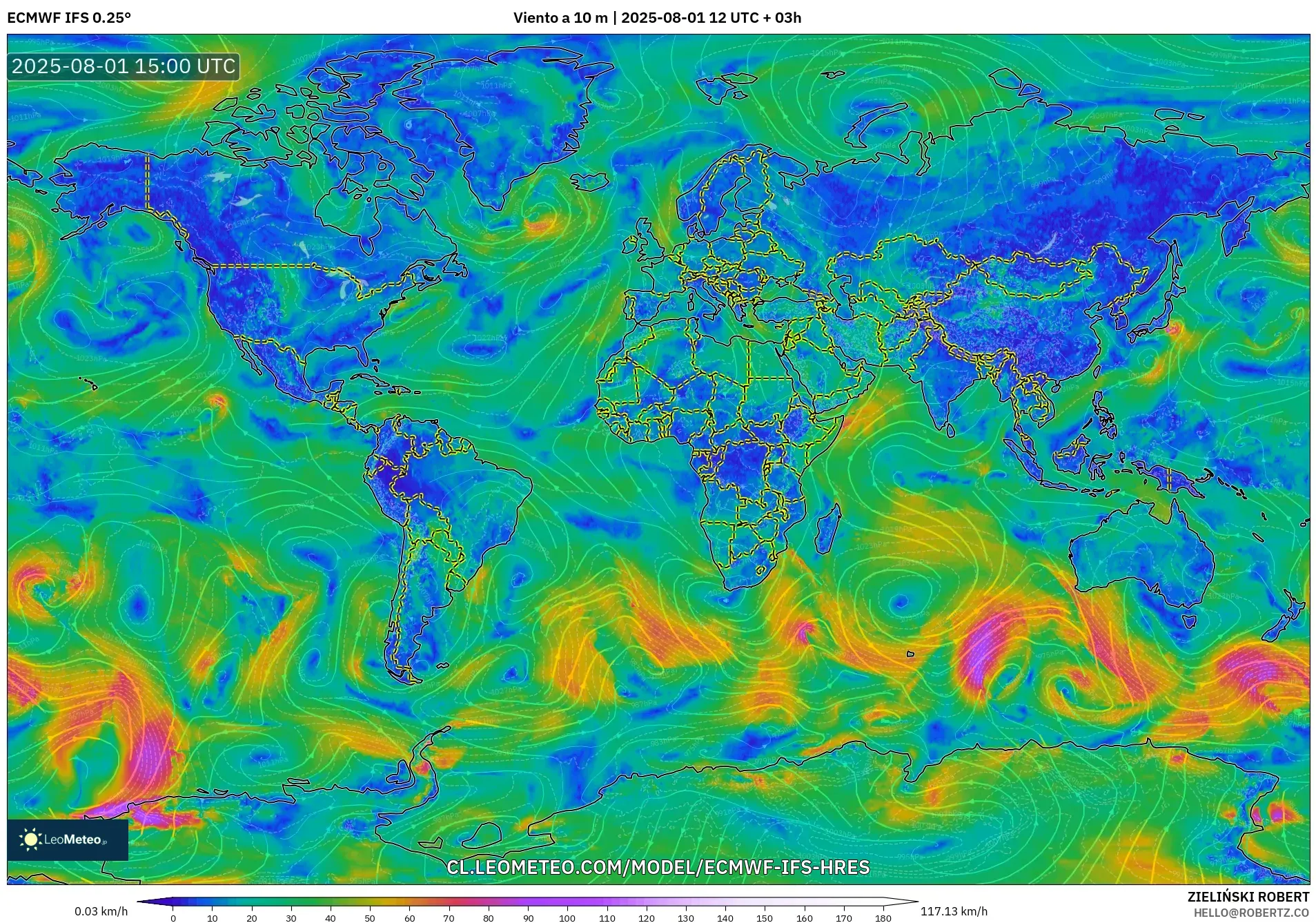 ECMWF IFS 0.25° model - Mundo, Viento a 10 m ECMWF IFS 0.25° model - Mundo, Viento a 10 m