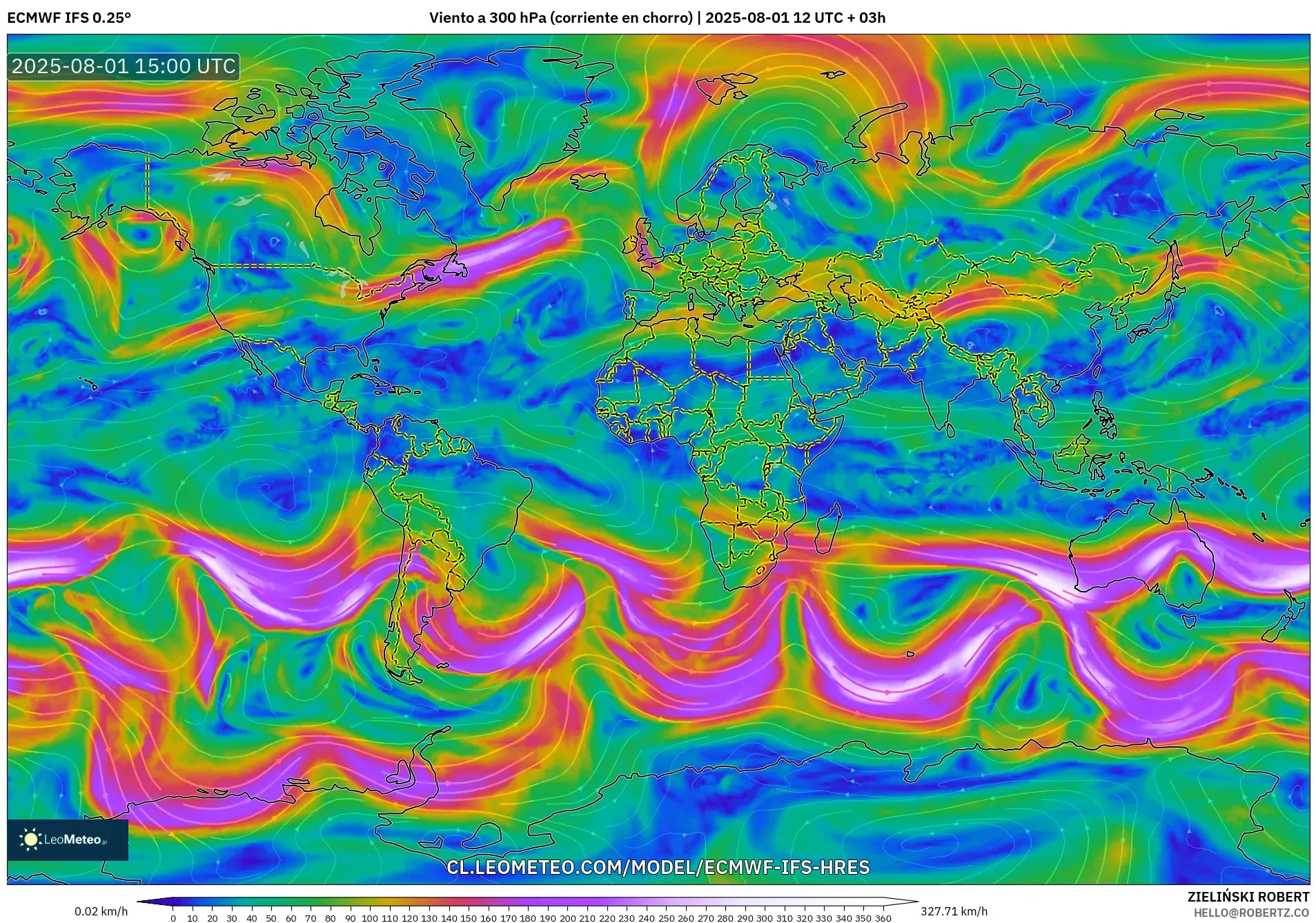 ECMWF IFS 0.25° model - Mundo, Viento a 300 hPa (corriente en chorro) ECMWF IFS 0.25° model - Mundo, Viento a 300 hPa (corriente en chorro)
