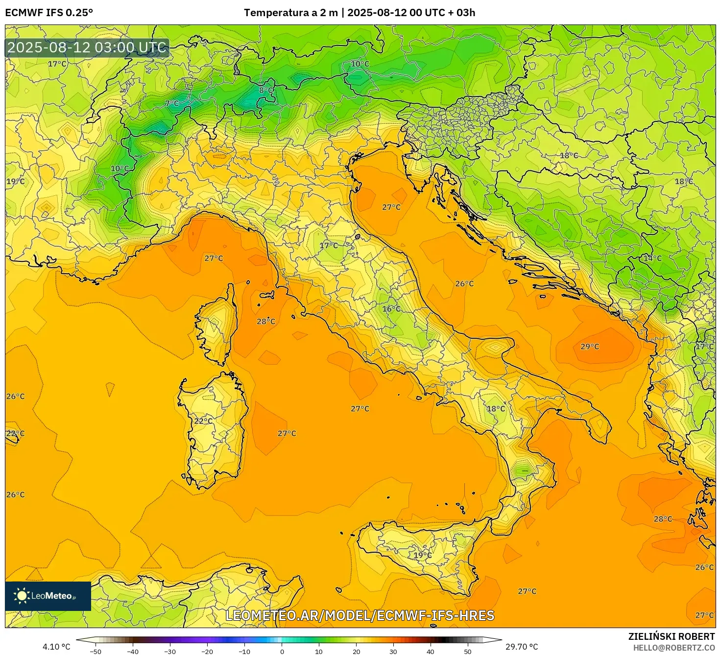 ECMWF IFS 0.25° model - Italia, Temperatura a 2 m ECMWF IFS 0.25° model - Italia, Temperatura a 2 m