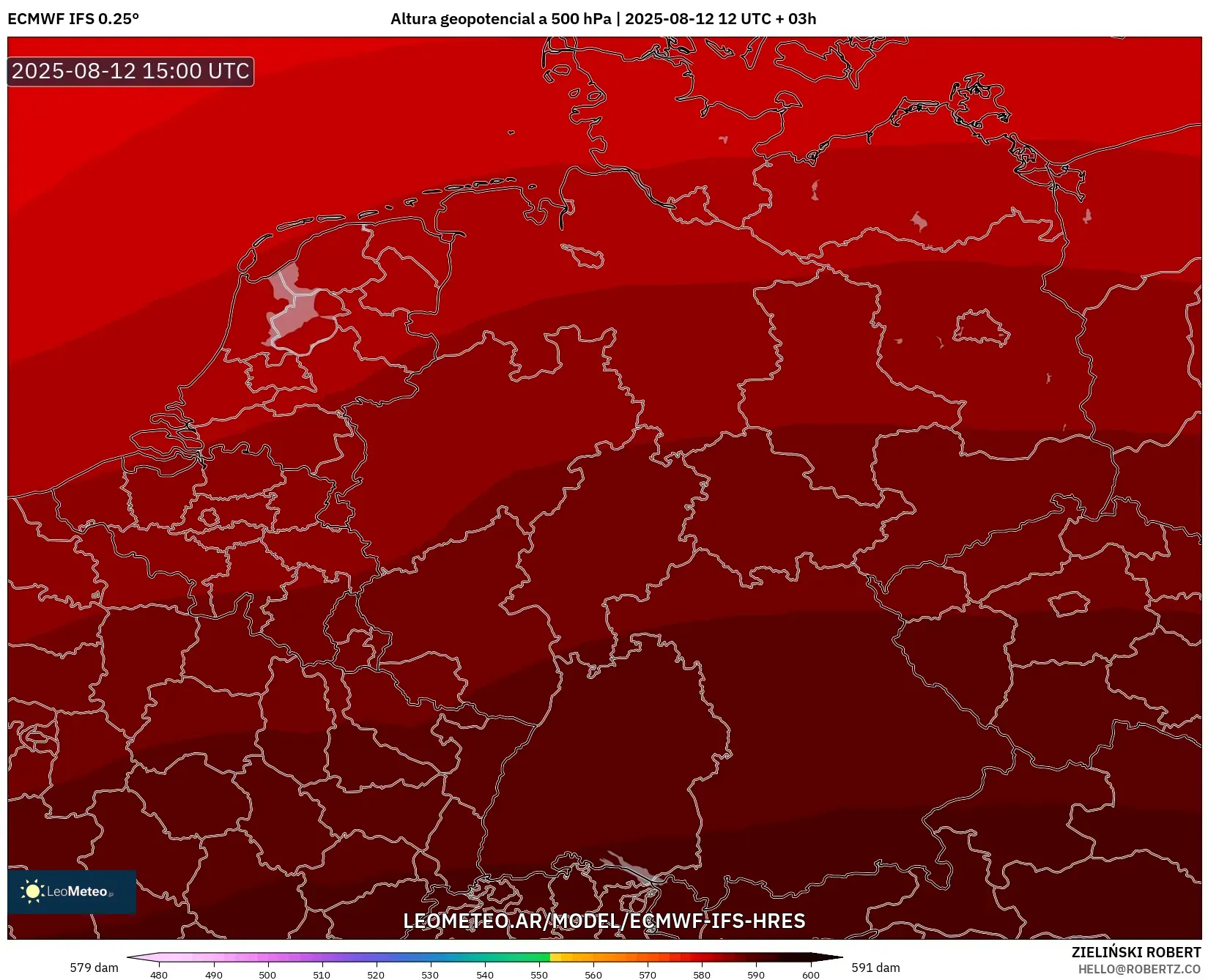 ECMWF IFS 0.25° model - Alemania, Altura geopotencial a 500 hPa