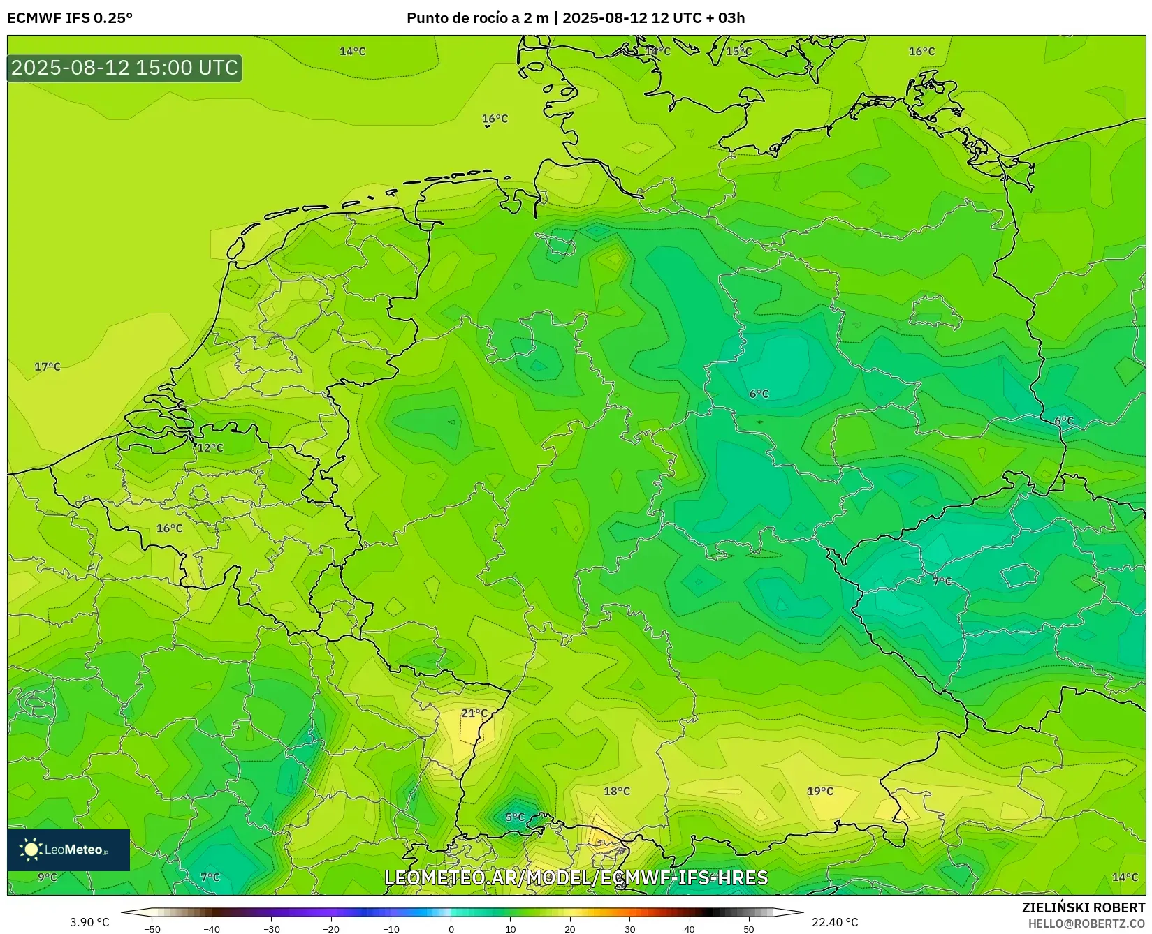 ECMWF IFS 0.25° model - Alemania, Punto de rocío a 2 m ECMWF IFS 0.25° model - Alemania, Punto de rocío a 2 m
