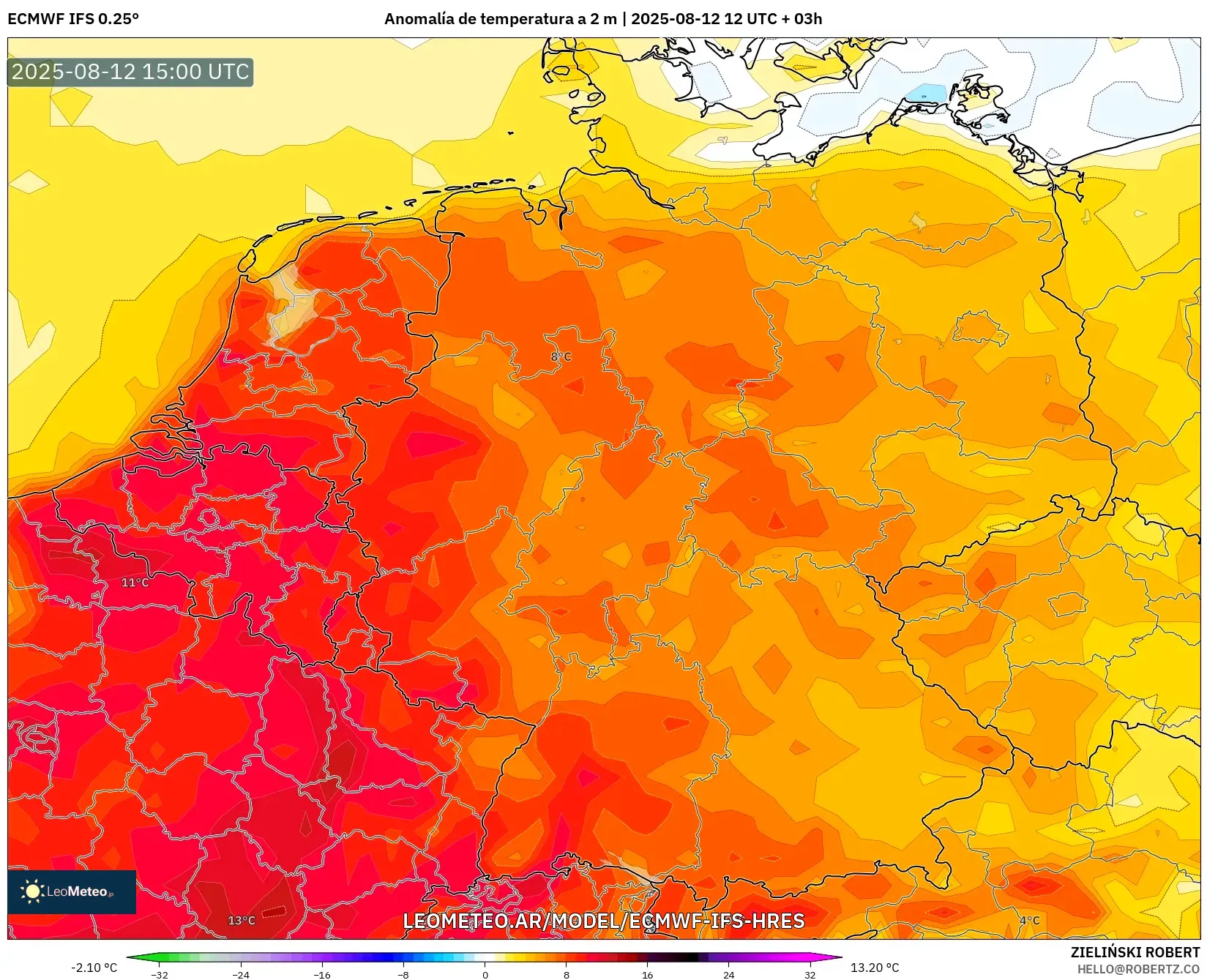 ECMWF IFS 0.25° model - Alemania, Anomalía de temperatura a 2 m ECMWF IFS 0.25° model - Alemania, Anomalía de temperatura a 2 m