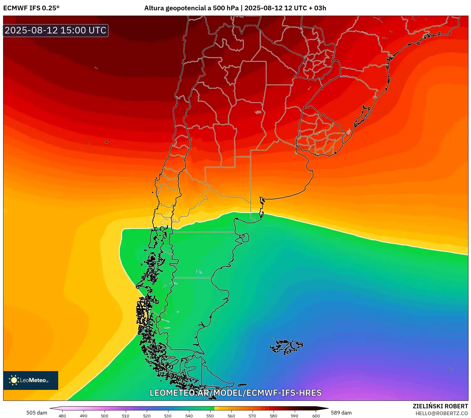 ECMWF IFS 0.25° model - Argentina, Altura geopotencial a 500 hPa