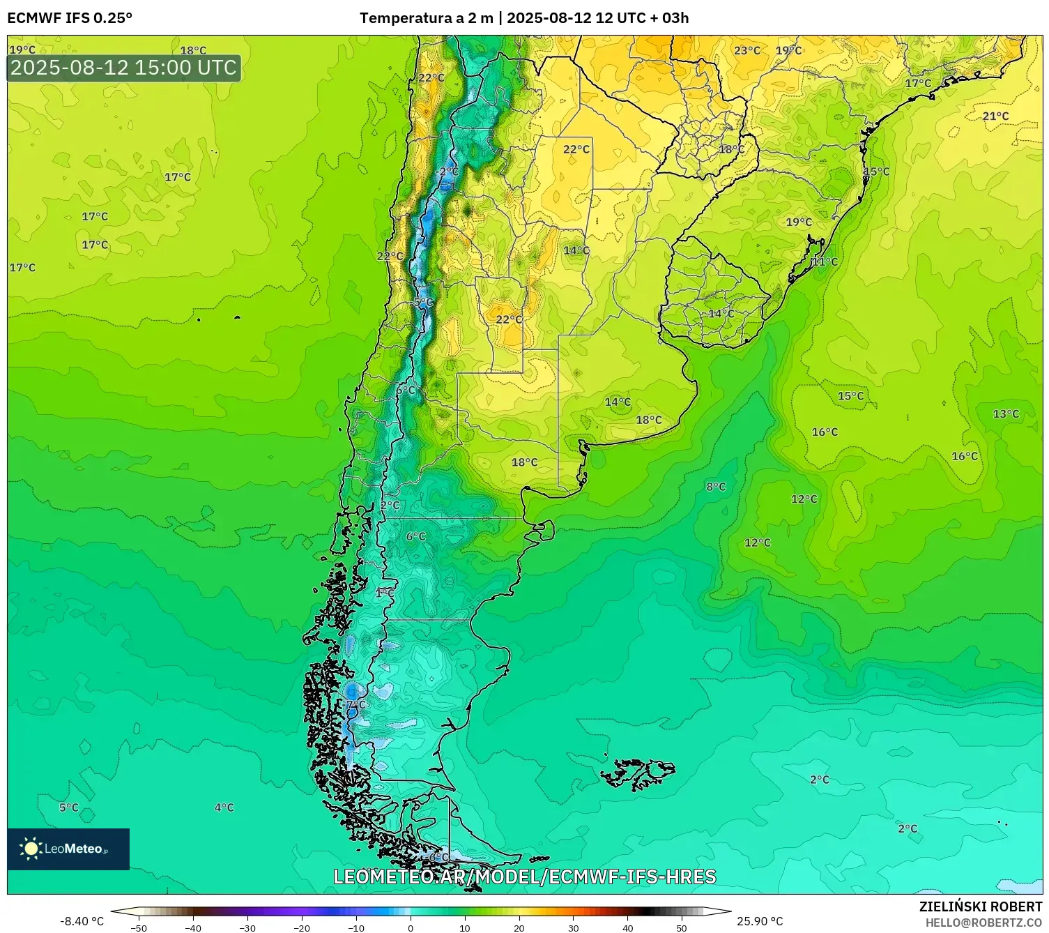 ECMWF IFS 0.25° model - Argentina, Temperatura a 2 m