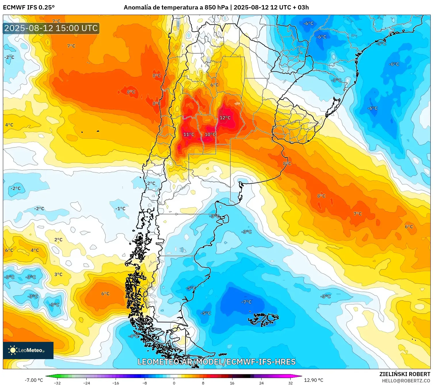 ECMWF IFS 0.25° model - Argentina, Anomalía de temperatura a 850 hPa ECMWF IFS 0.25° model - Argentina, Anomalía de temperatura a 850 hPa