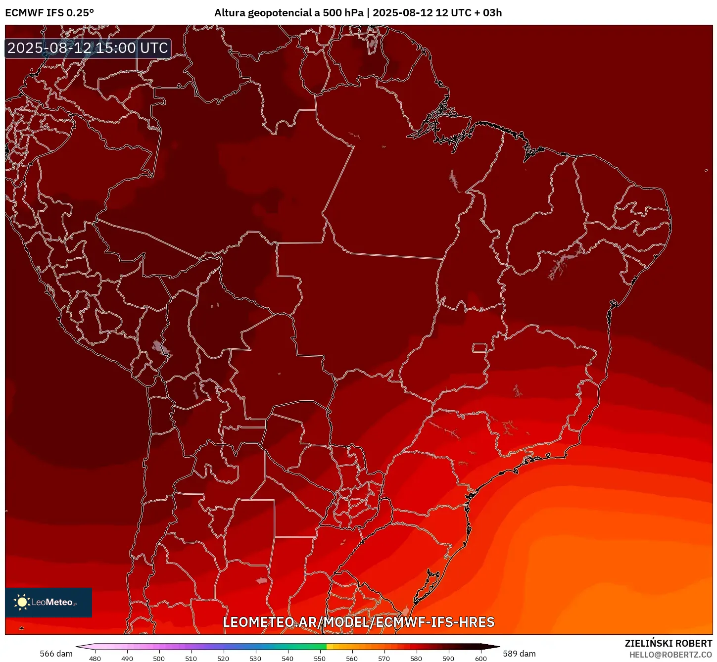 ECMWF IFS 0.25° model - Brasil, Altura geopotencial a 500 hPa