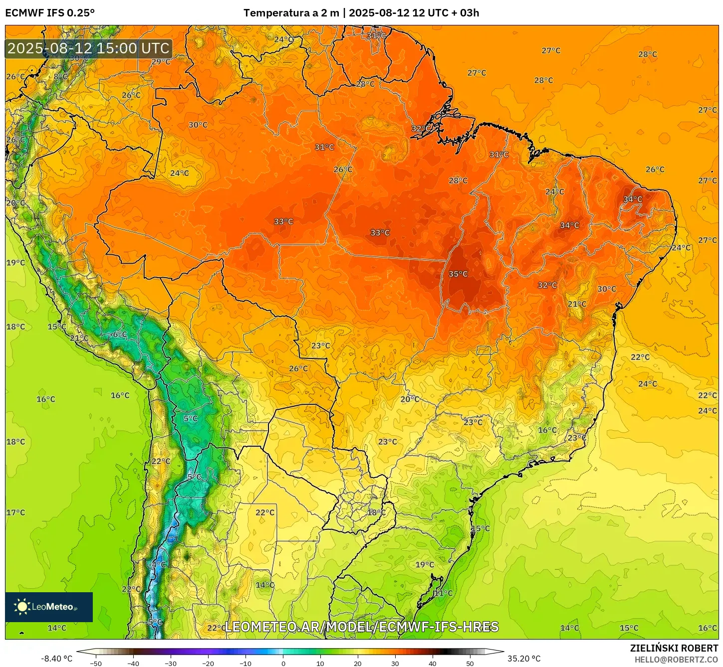 ECMWF IFS 0.25° model - Brasil, Temperatura a 2 m