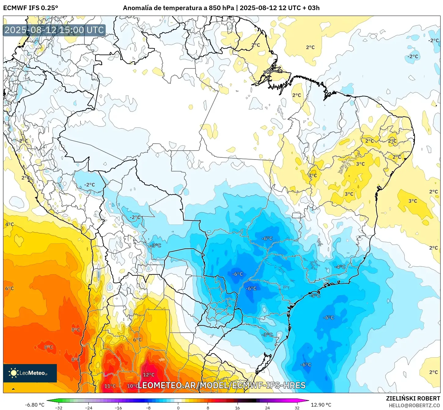 ECMWF IFS 0.25° model - Brasil, Anomalía de temperatura a 850 hPa
