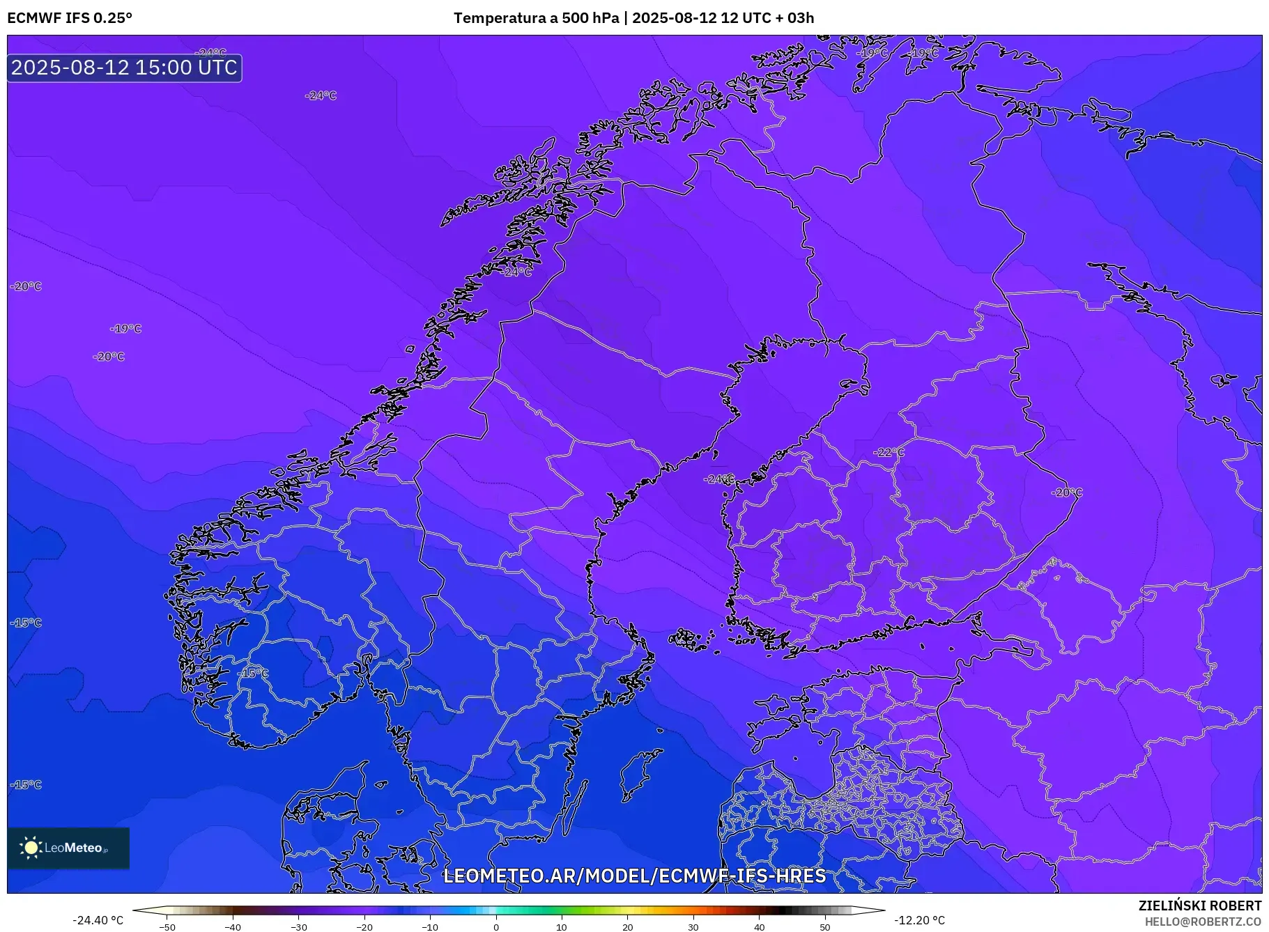 ECMWF IFS 0.25° model - Escandinavia, Temperatura a 500 hPa