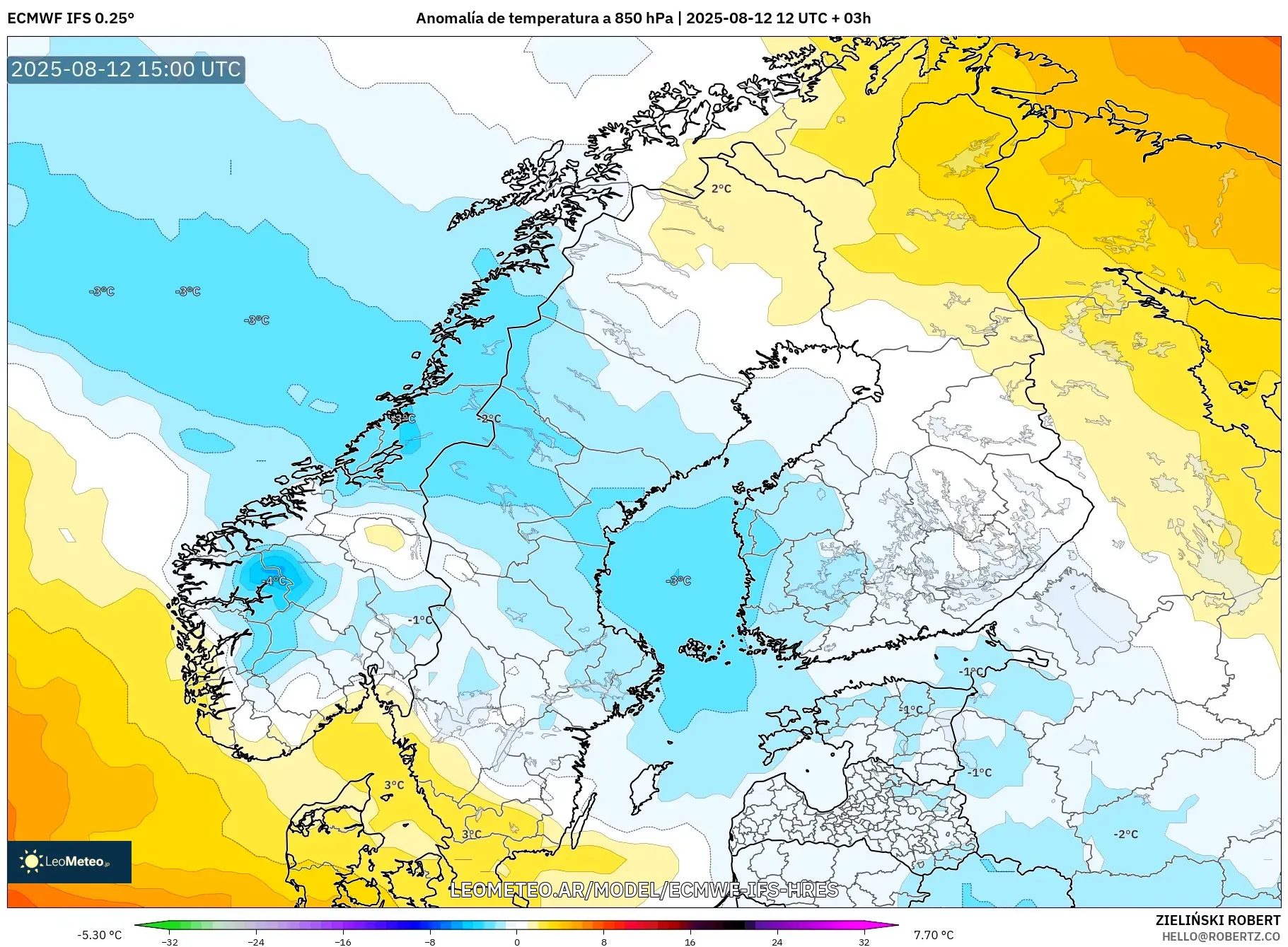 ECMWF IFS 0.25° model - Escandinavia, Anomalía de temperatura a 850 hPa