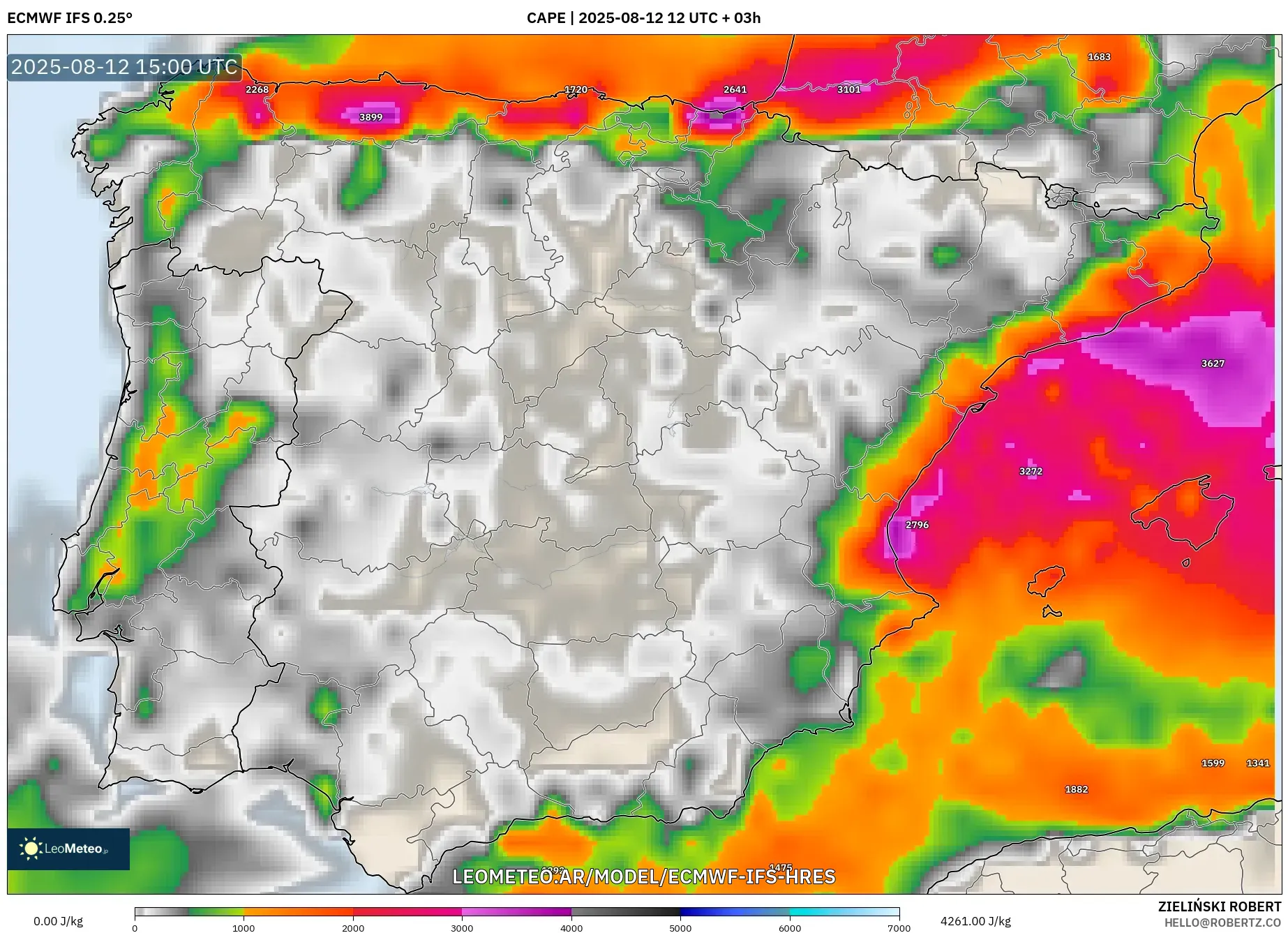 ECMWF IFS 0.25° model - España, CAPE ECMWF IFS 0.25° model - España, CAPE