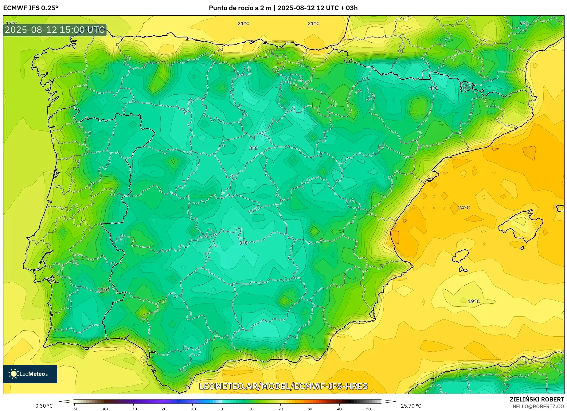 ECMWF IFS 0.25° model - España, Punto de rocío a 2 m ECMWF IFS 0.25° model - España, Punto de rocío a 2 m