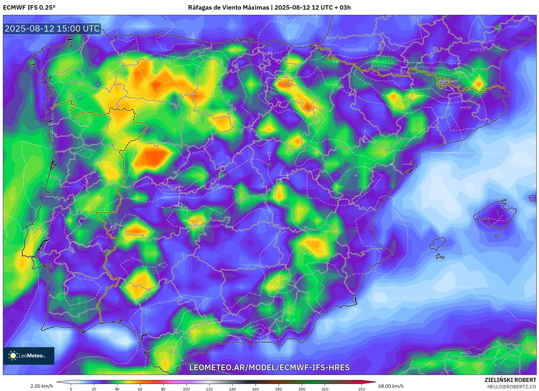 ECMWF IFS 0.25° model - España, Ráfagas de Viento Máximas