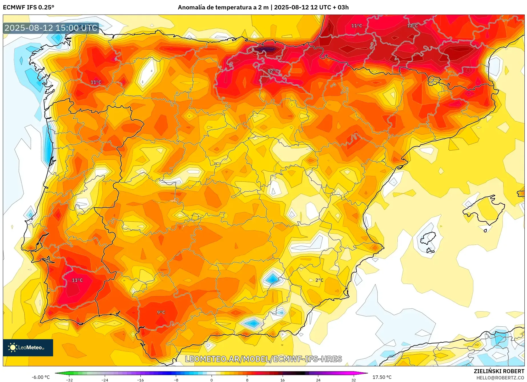 ECMWF IFS 0.25° model - España, Anomalía de temperatura a 2 m ECMWF IFS 0.25° model - España, Anomalía de temperatura a 2 m