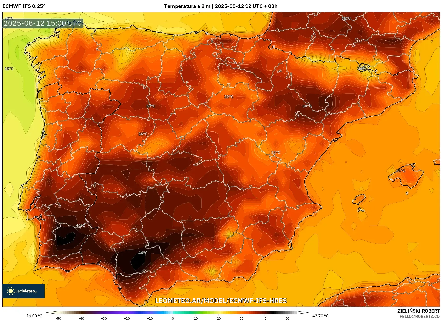ECMWF IFS 0.25° model - España, Temperatura a 2 m