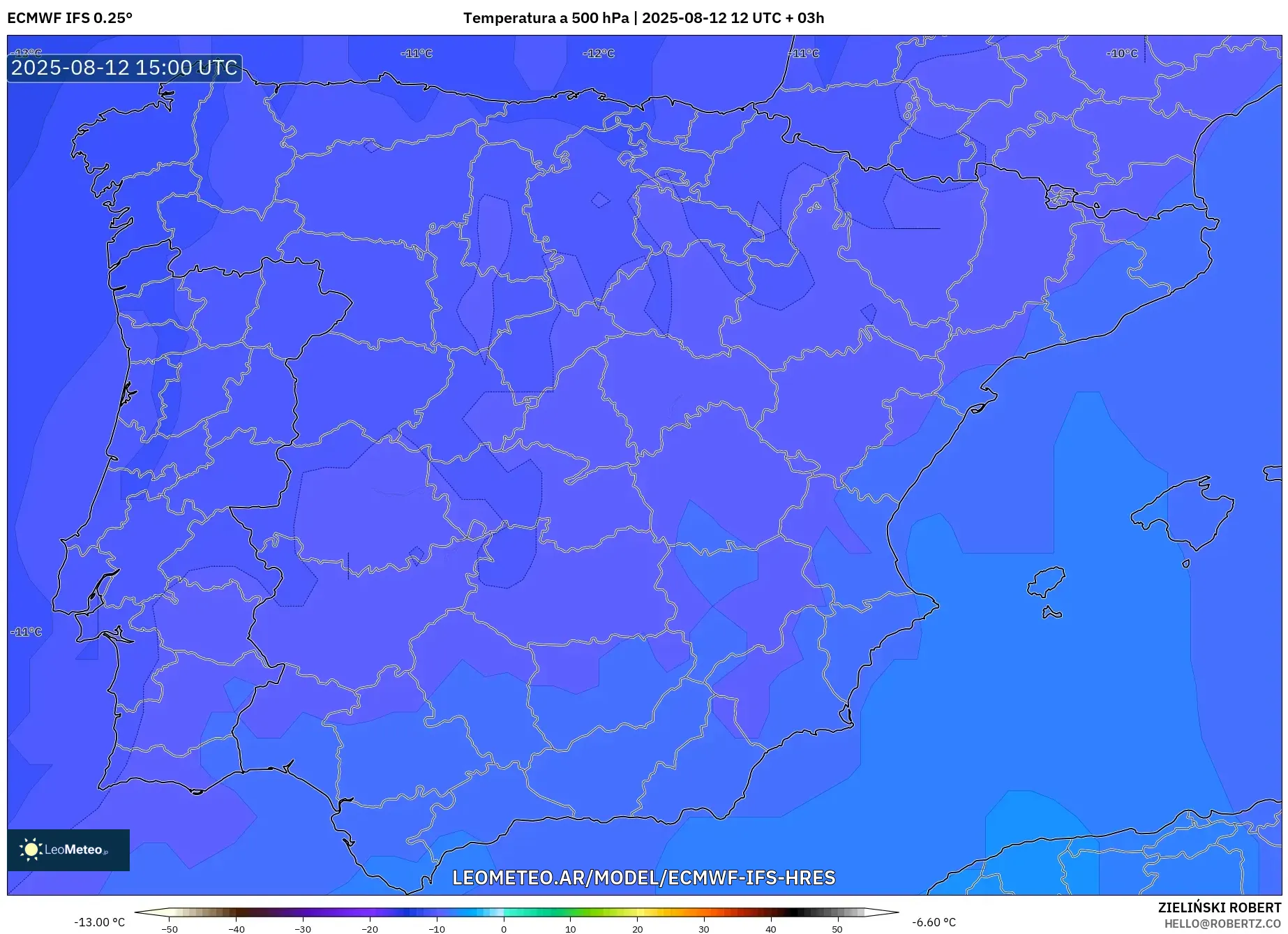 ECMWF IFS 0.25° model - España, Temperatura a 500 hPa ECMWF IFS 0.25° model - España, Temperatura a 500 hPa