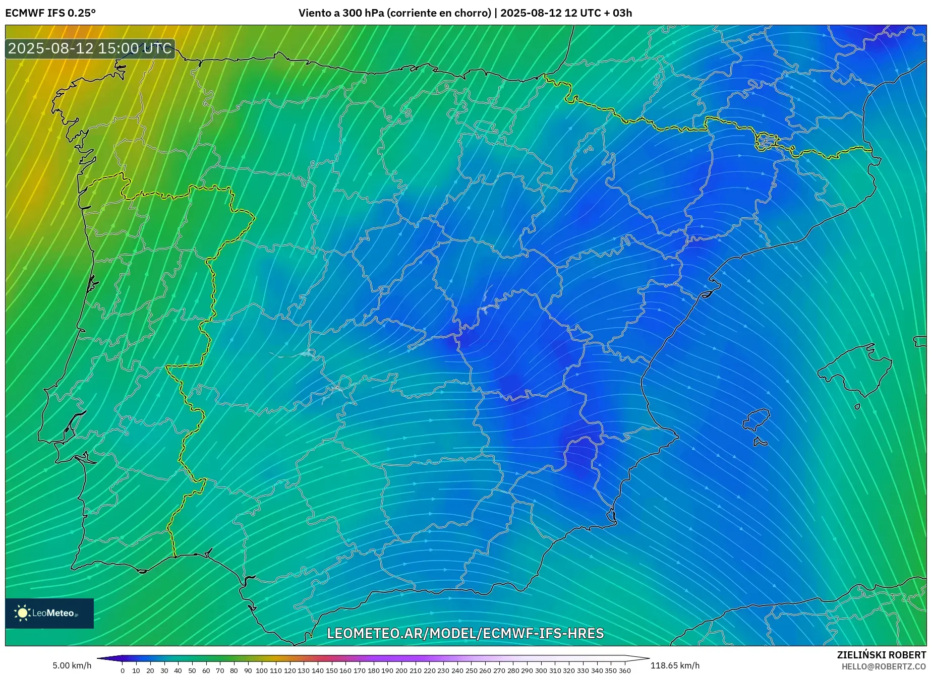 ECMWF IFS 0.25° model - España, Viento a 300 hPa (corriente en chorro) ECMWF IFS 0.25° model - España, Viento a 300 hPa (corriente en chorro)