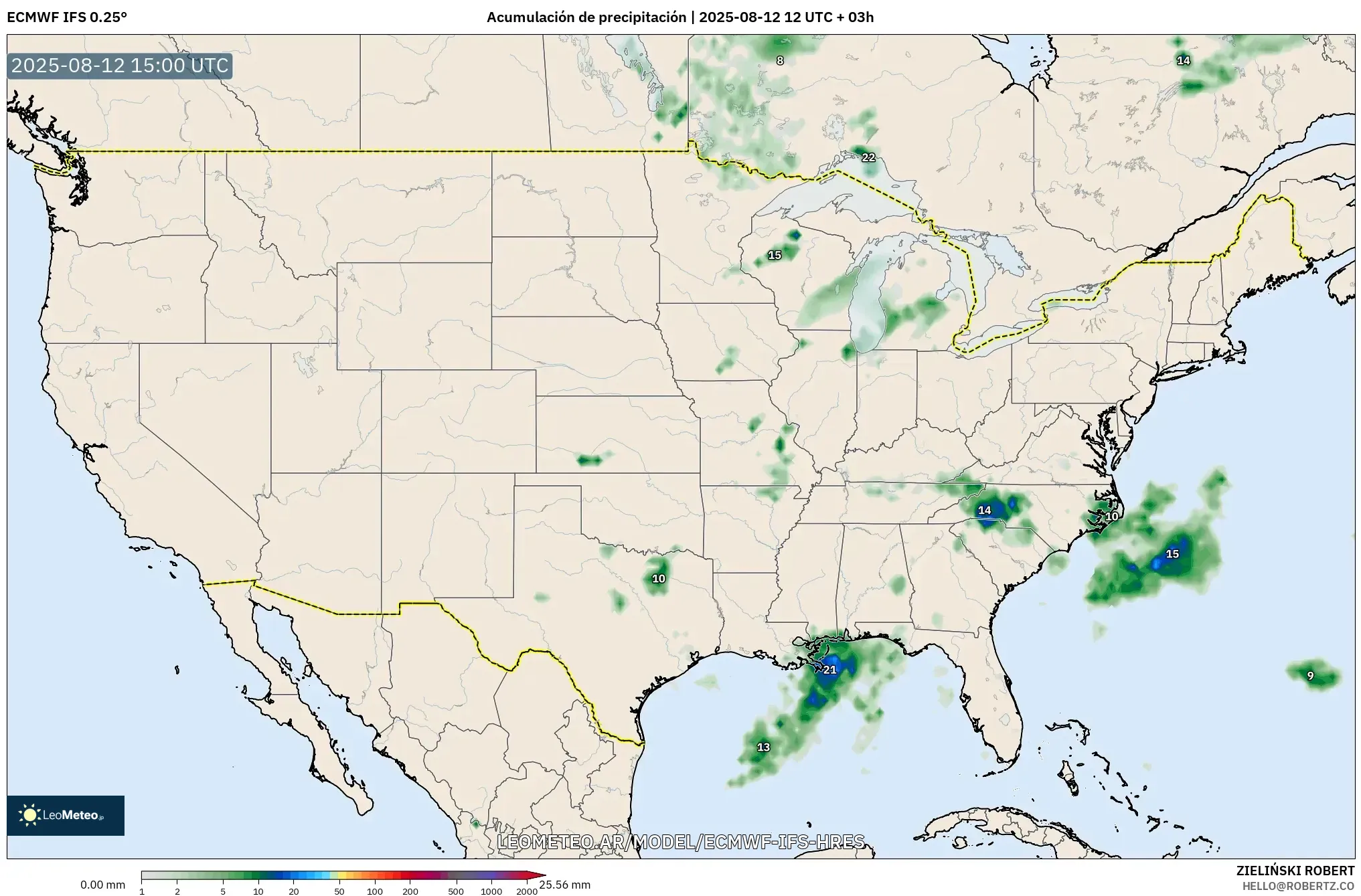 ECMWF IFS 0.25° model - Estados Unidos, Acumulación de precipitación ECMWF IFS 0.25° model - Estados Unidos, Acumulación de precipitación
