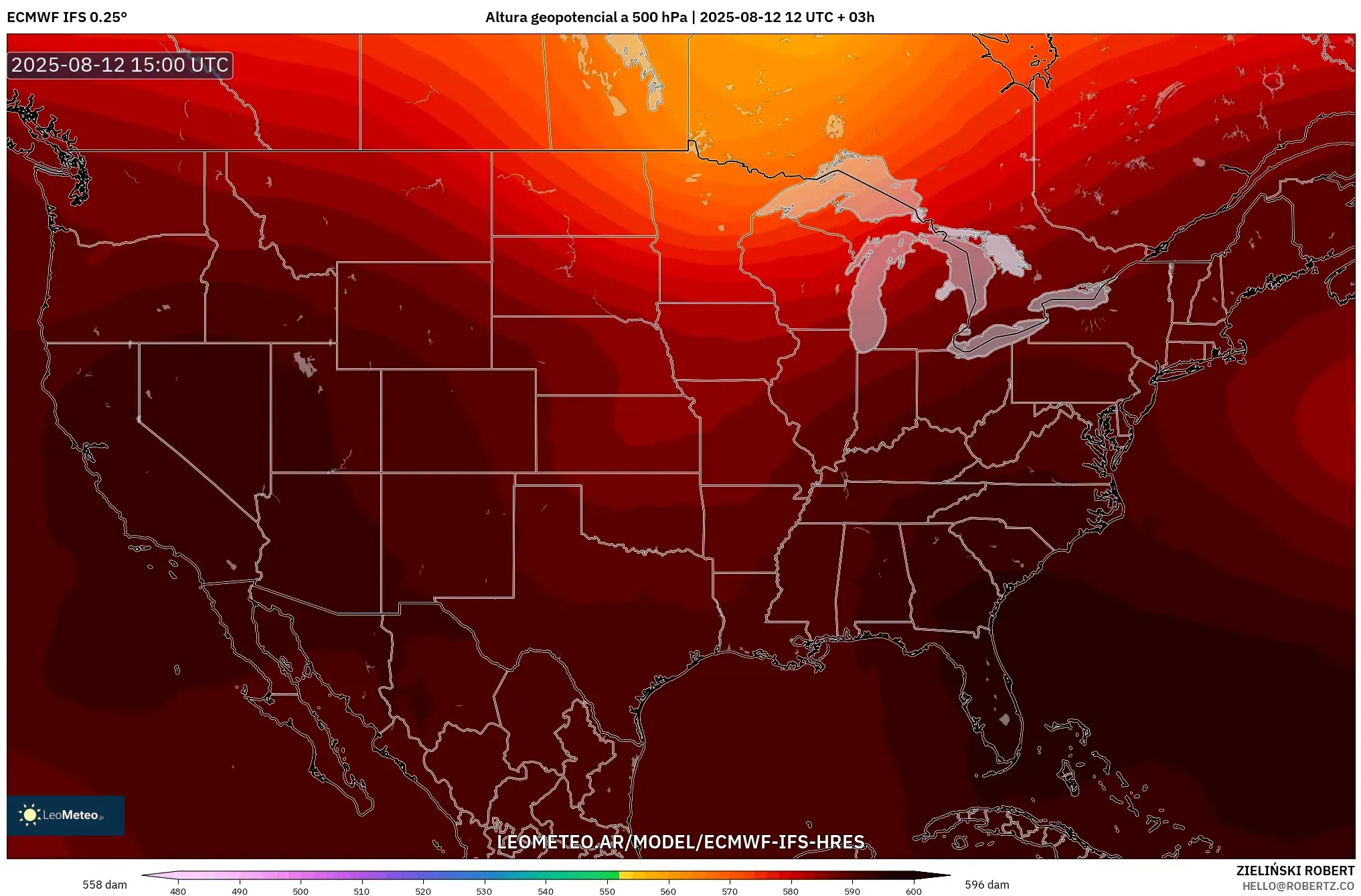 ECMWF IFS 0.25° model - Estados Unidos, Altura geopotencial a 500 hPa ECMWF IFS 0.25° model - Estados Unidos, Altura geopotencial a 500 hPa