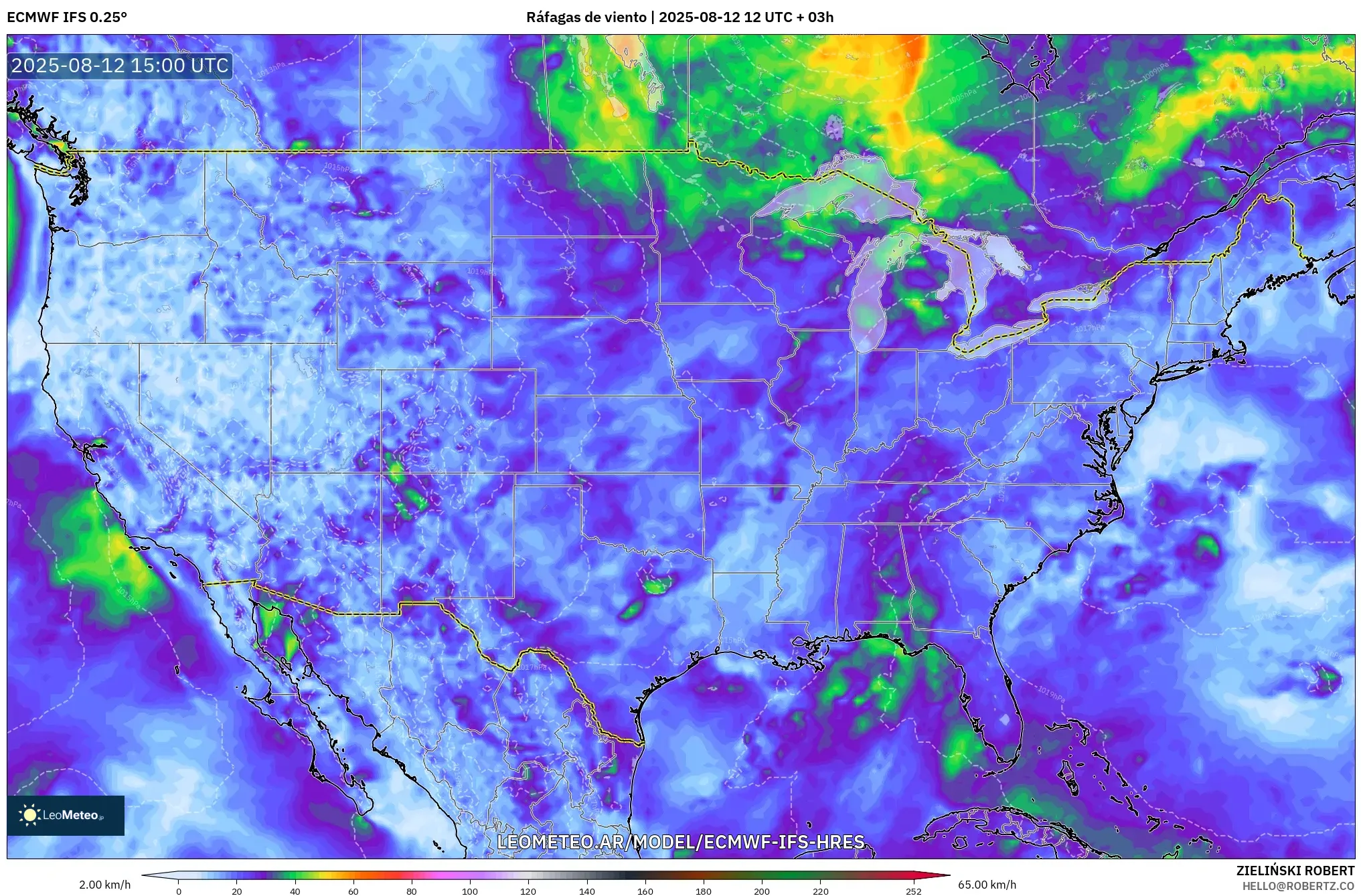 ECMWF IFS 0.25° model - Estados Unidos, Ráfagas de viento ECMWF IFS 0.25° model - Estados Unidos, Ráfagas de viento