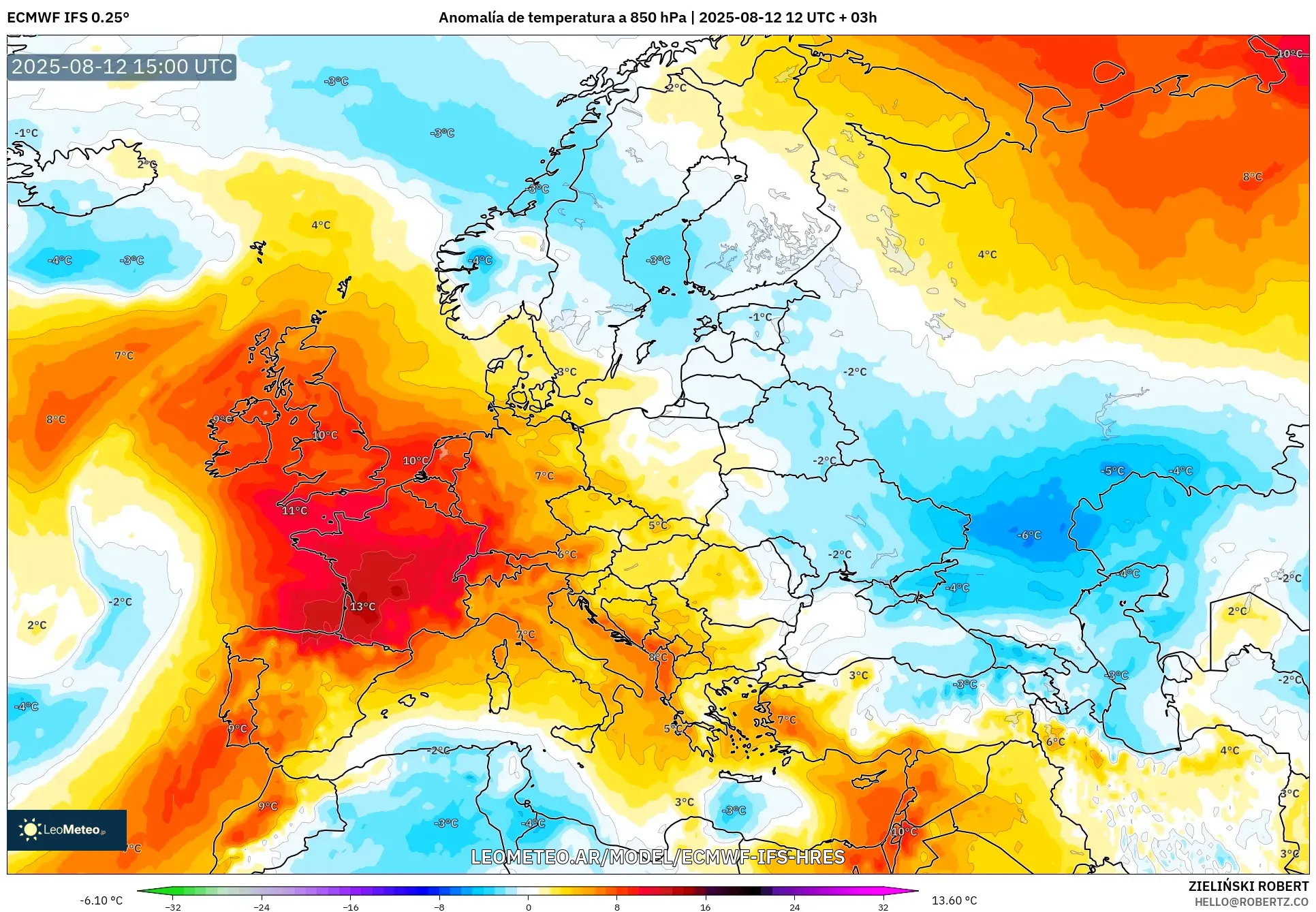 ECMWF IFS 0.25° model - Europa, Anomalía de temperatura a 850 hPa