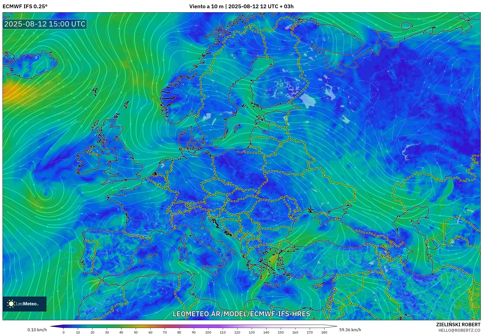 ECMWF IFS 0.25° model - Europa, Viento a 10 m