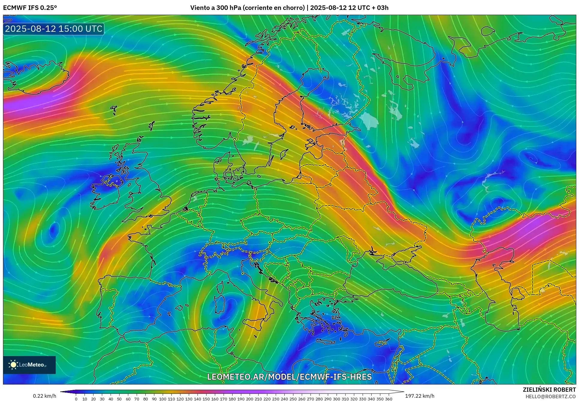 ECMWF IFS 0.25° model - Europa, Viento a 300 hPa (corriente en chorro)