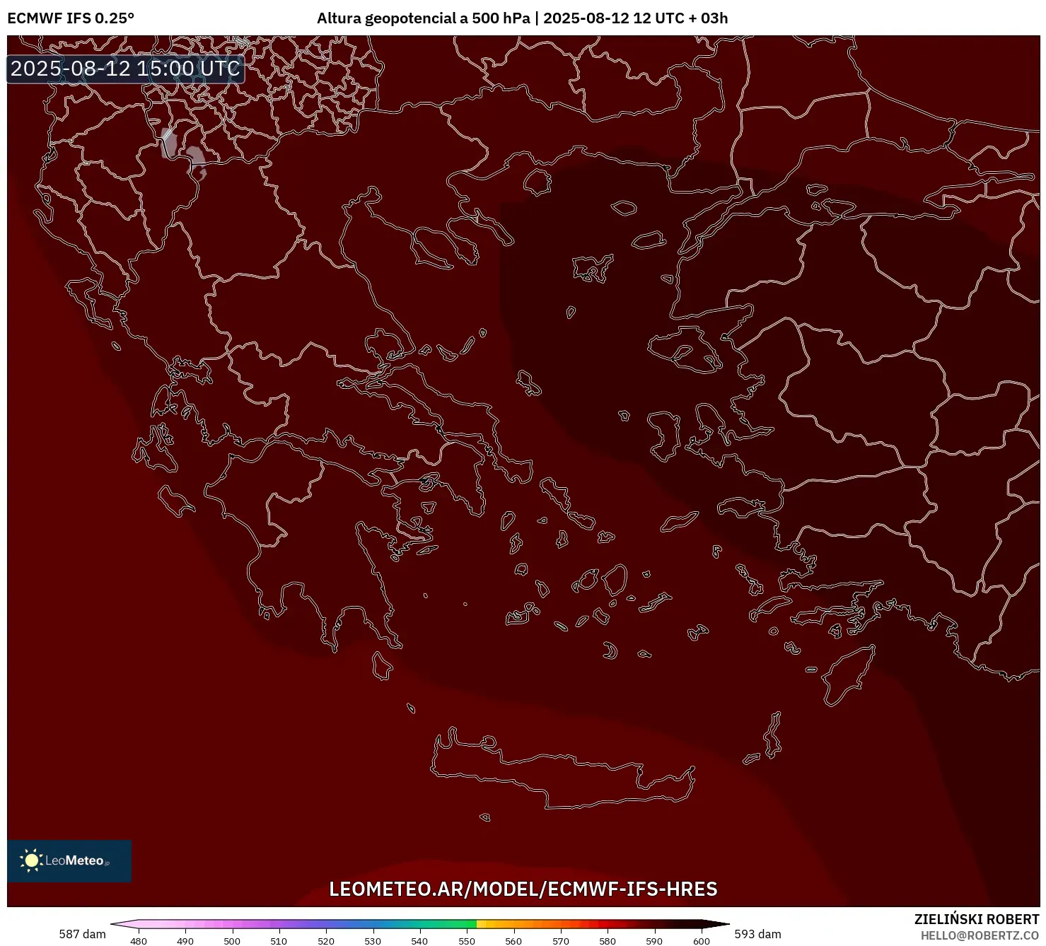 ECMWF IFS 0.25° model - Grecia, Altura geopotencial a 500 hPa